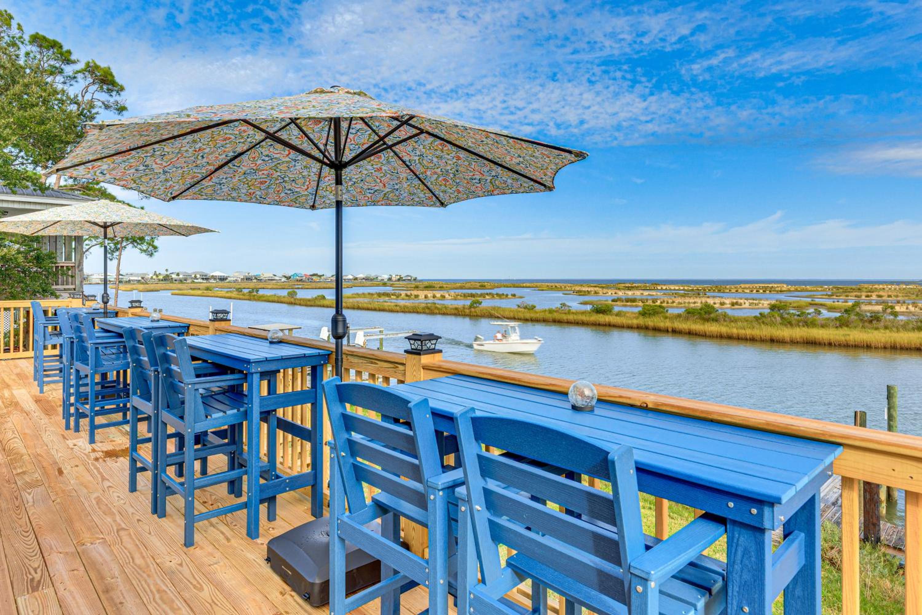Steps to Gulf Bayside Dauphin Island Home with Dock