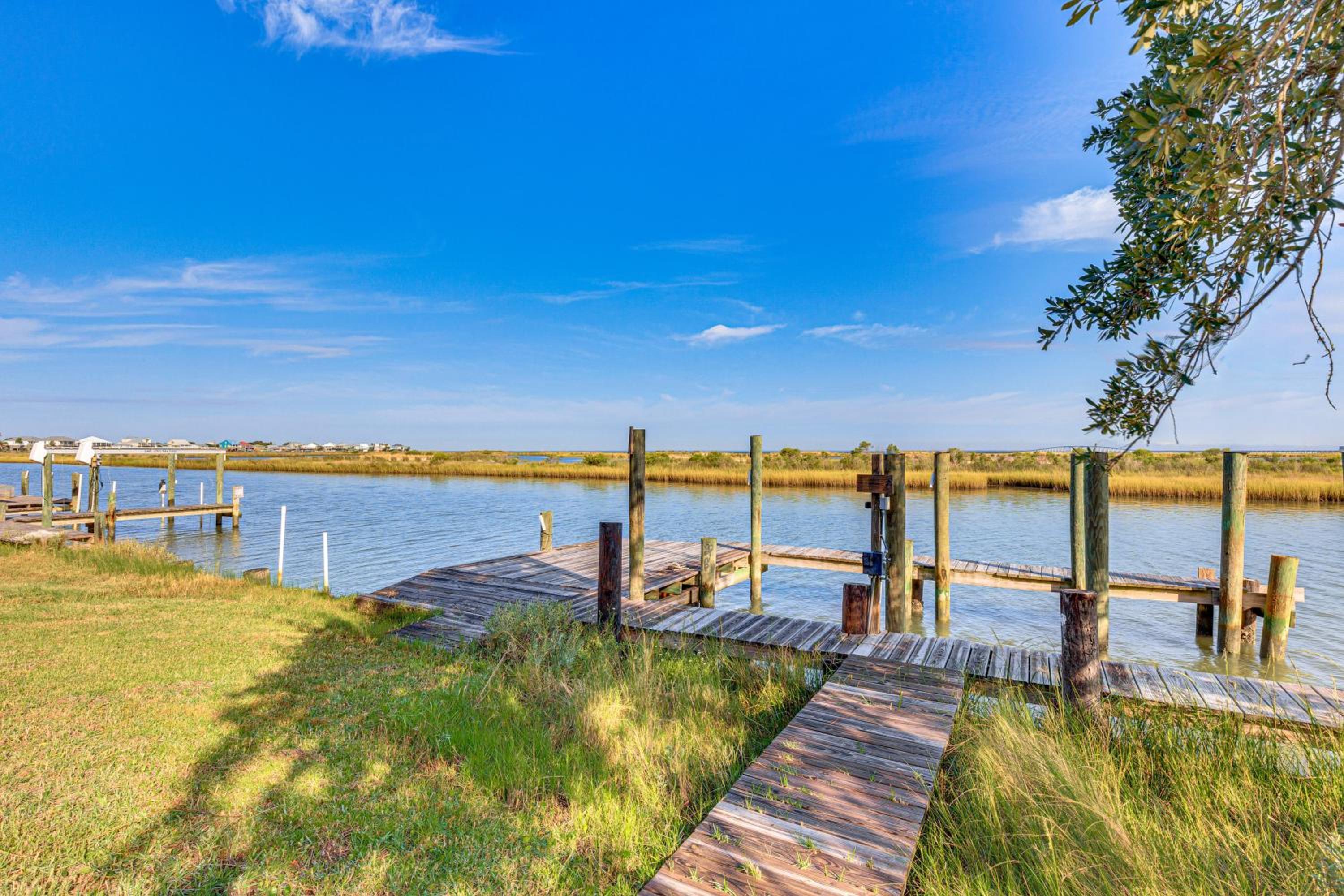 Steps to Gulf Bayside Dauphin Island Home with Dock