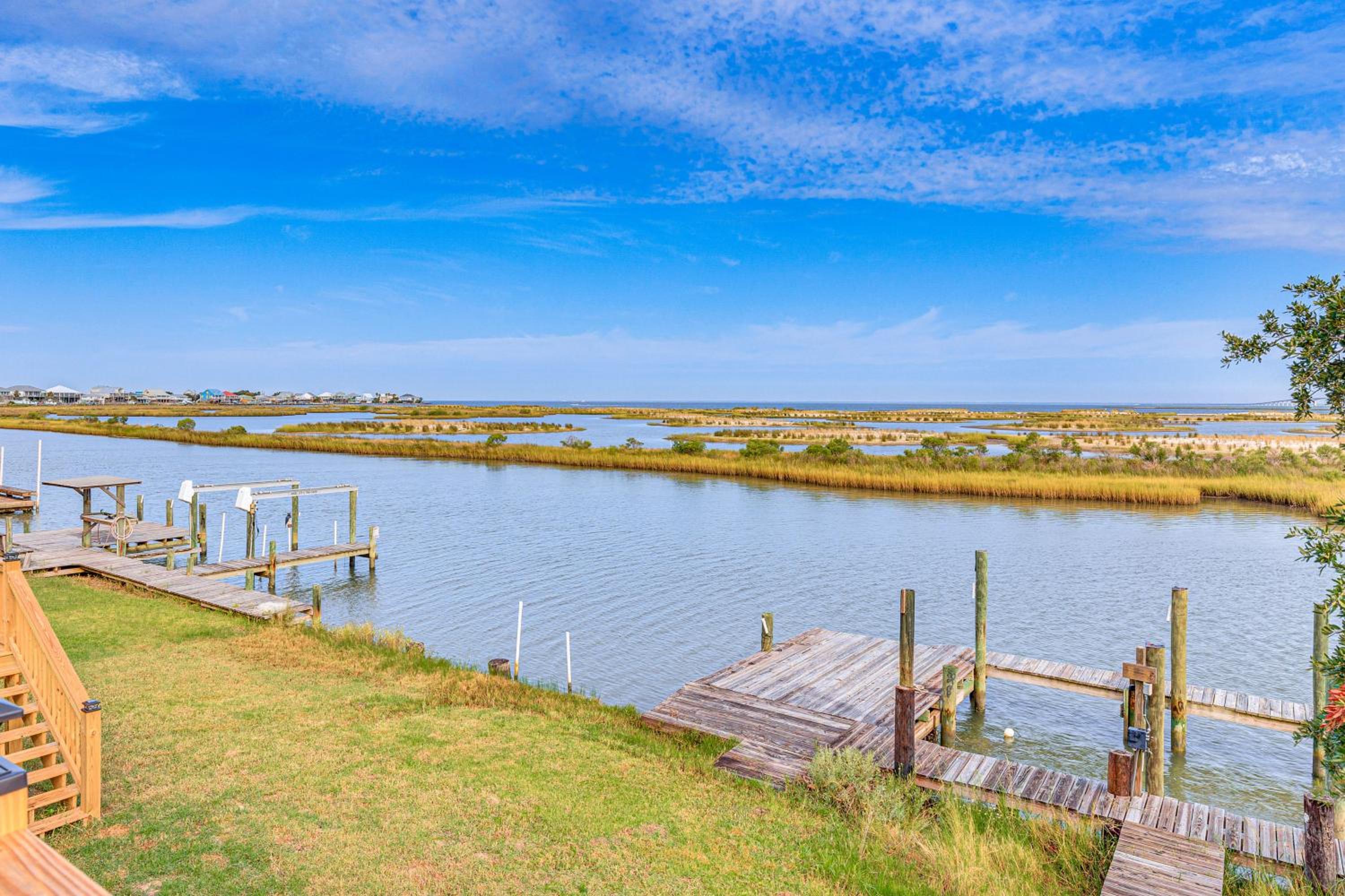 Steps to Gulf Bayside Dauphin Island Home with Dock