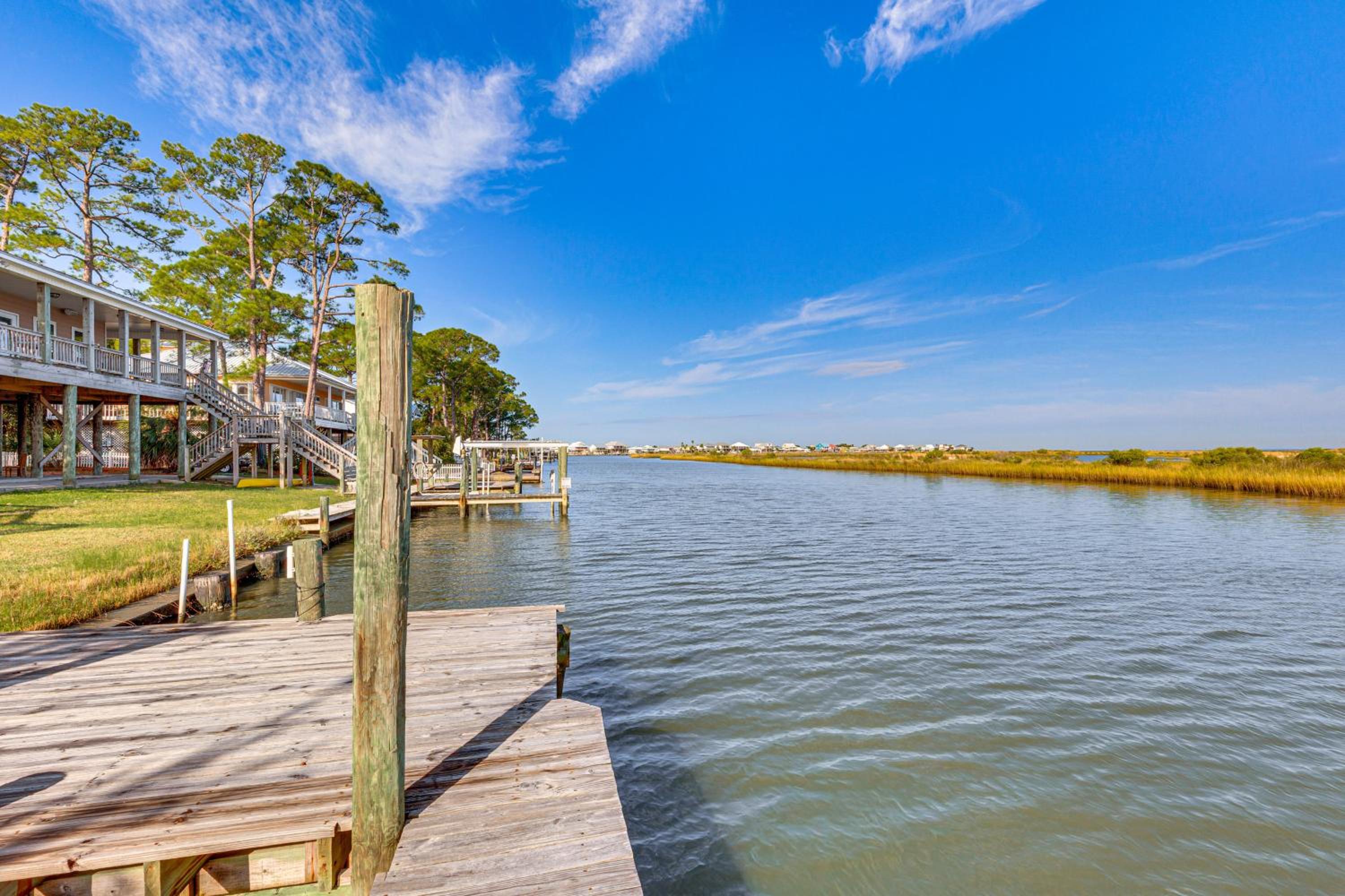 Steps to Gulf Bayside Dauphin Island Home with Dock
