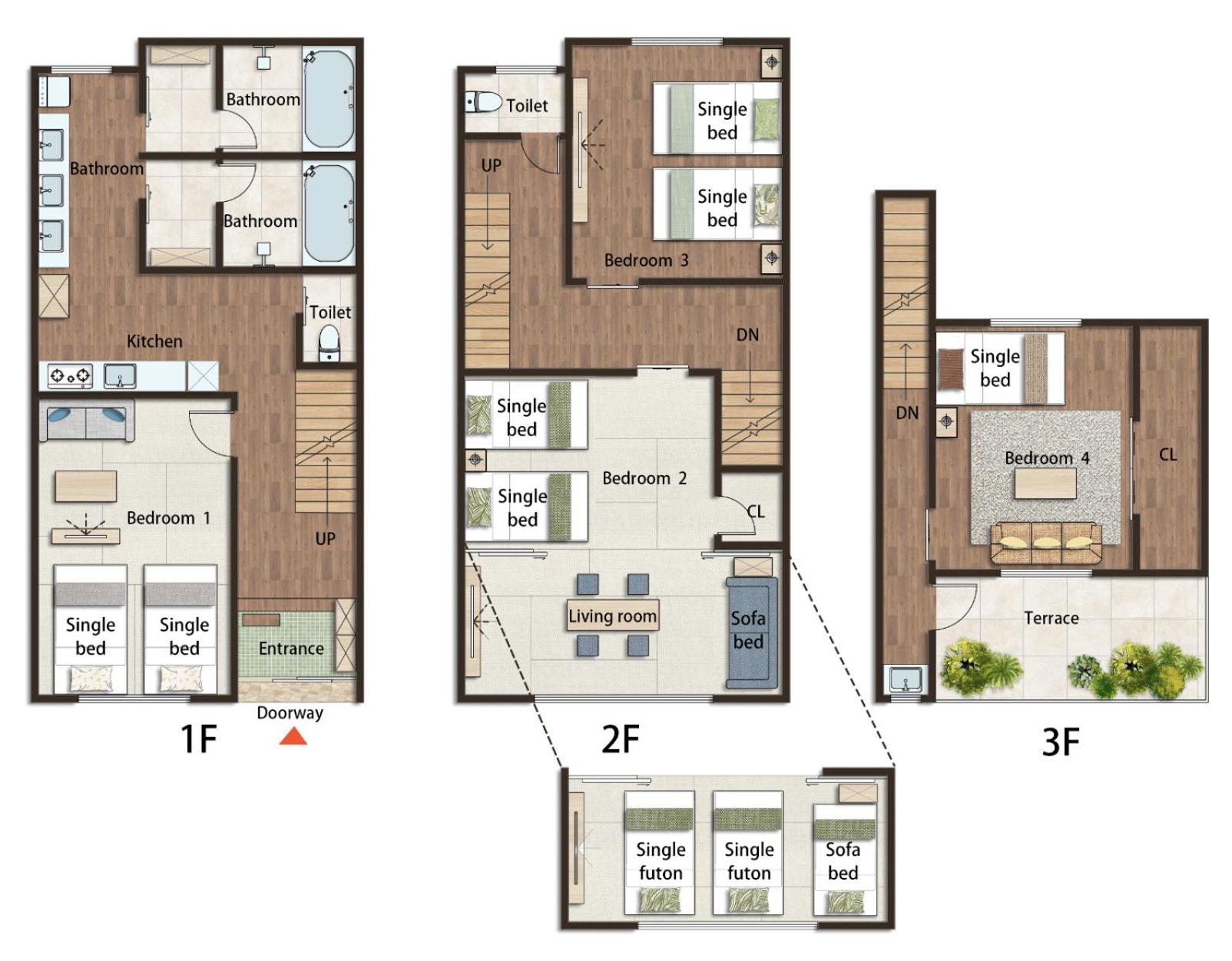 New Design 10ppl Family House 4rooms&2tubs