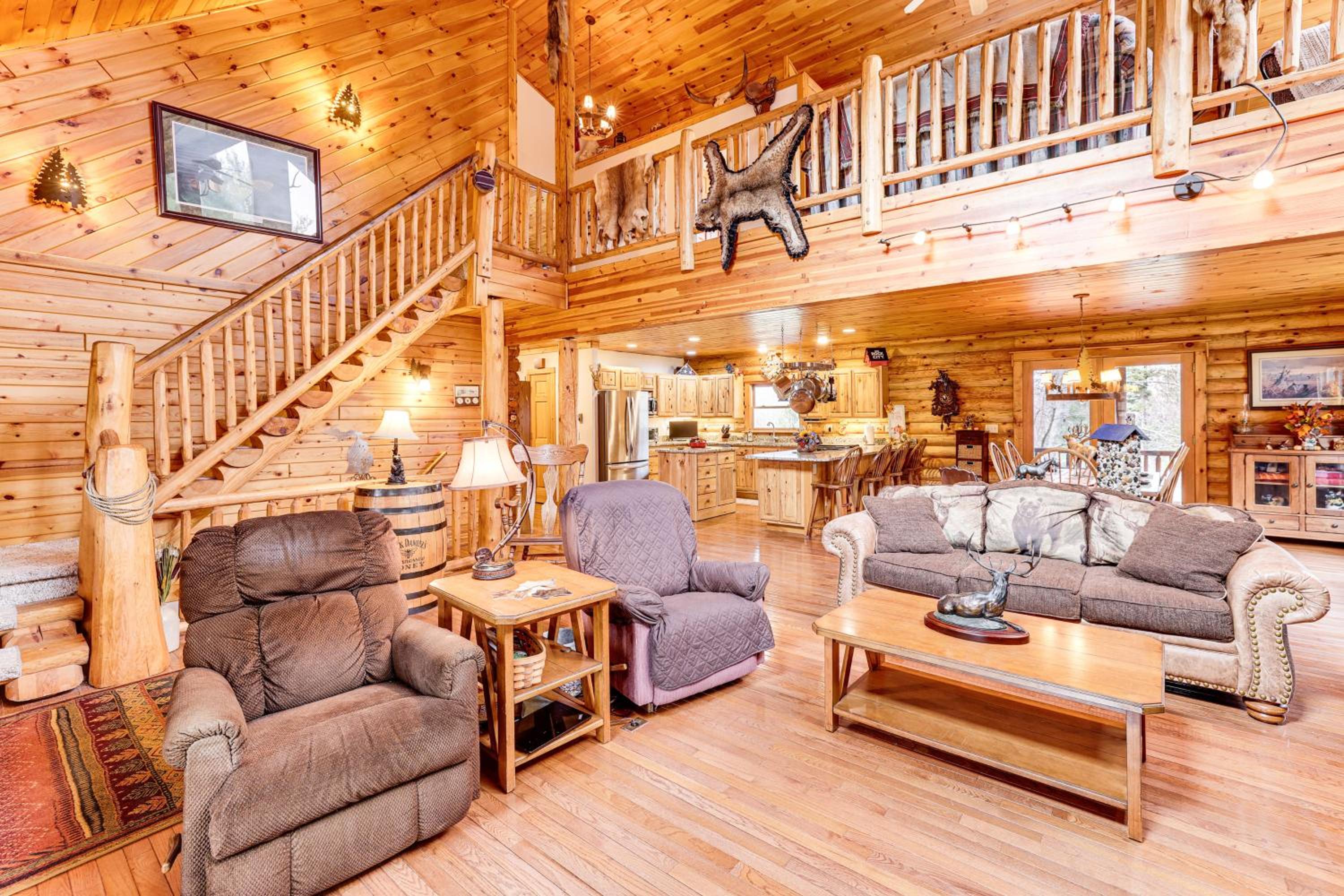 Spacious Log Home with 13 Acres, Ponds and Fire Pit!
