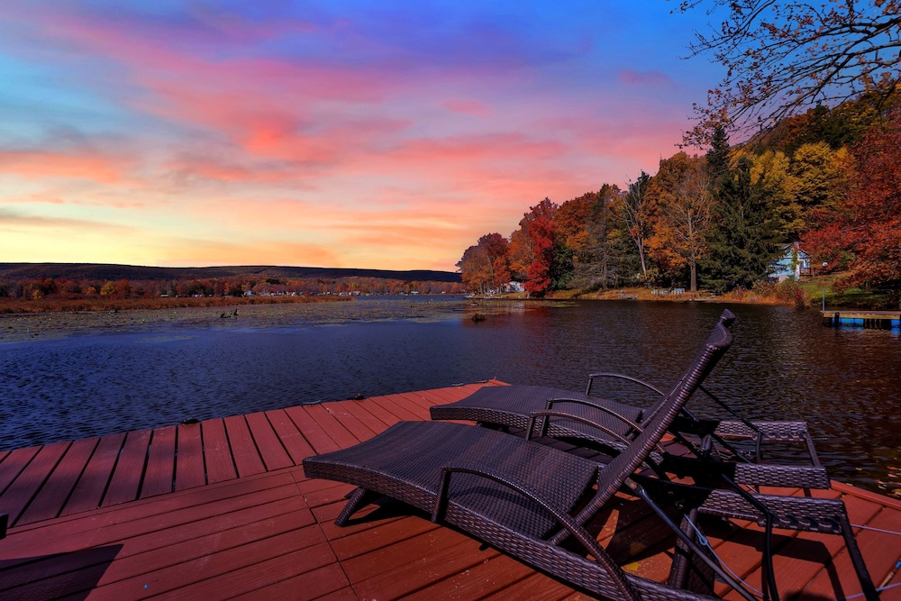 Lakefront A-frame Dock Kayaks Fire Place