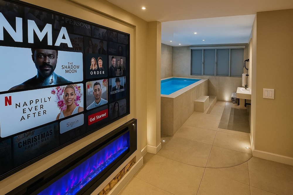 Stylish 1BR Getaway, Jacuzzi, Fireplace, Gym and AC