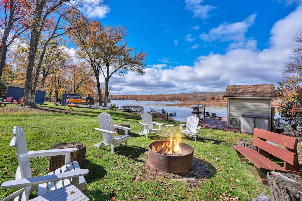 Lakefront A-frame Dock Kayaks Fire Place