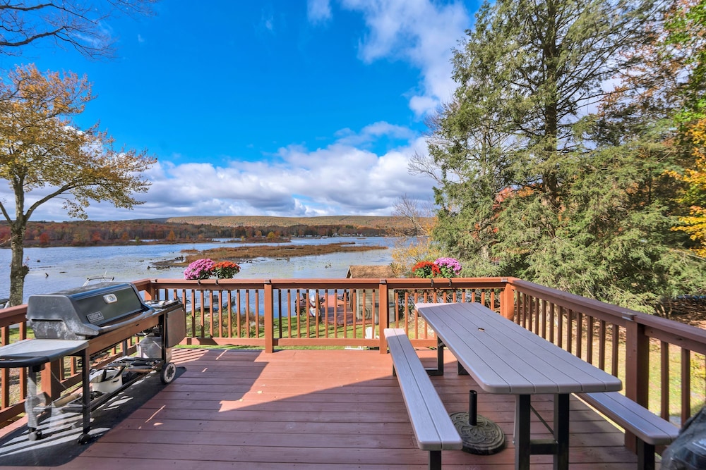 Lakefront A-frame Dock Kayaks Fire Place