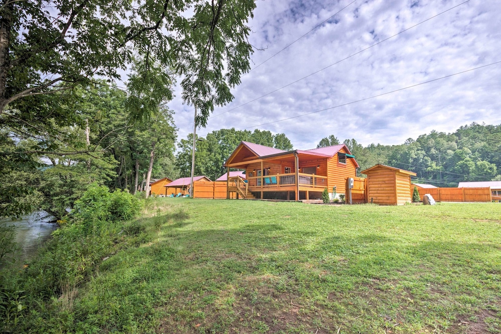 Deck & Hot Tub: Bryson City Riverfront Cabin! view 2
