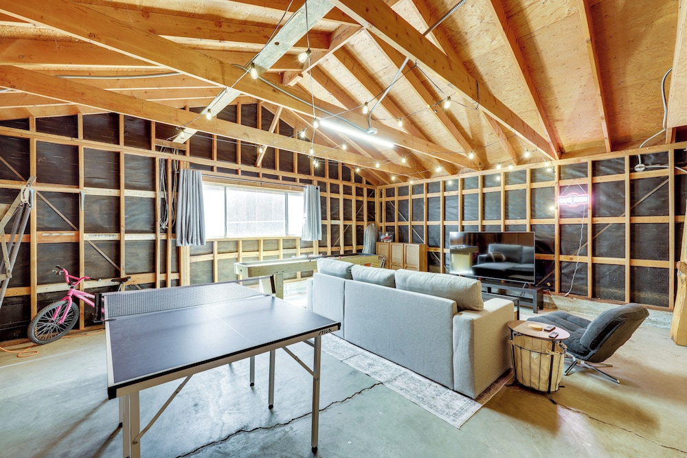 Game Room + Deck: Wooded Big Bear Lake Retreat