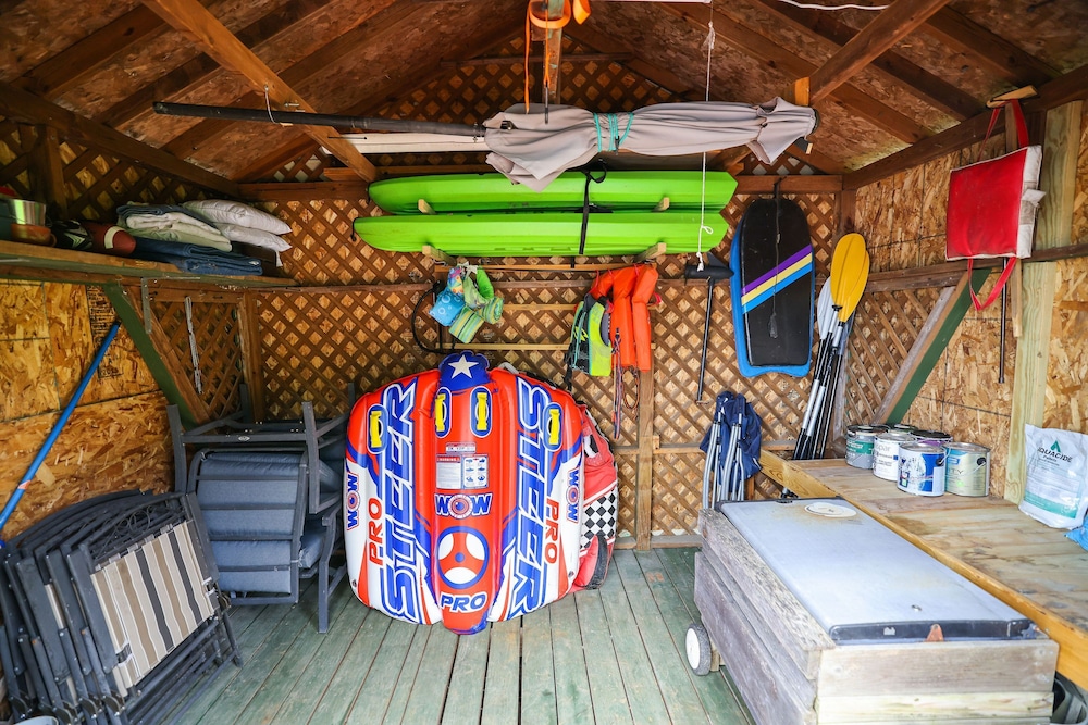 Lakefront A-frame Dock Kayaks Fire Place