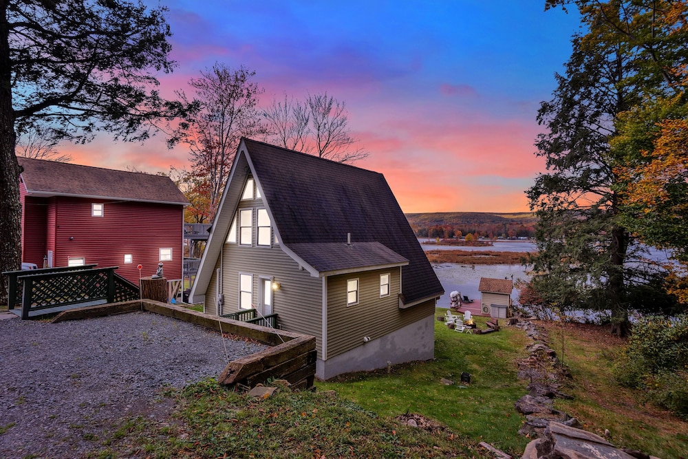 Lakefront A-frame Dock Kayaks Fire Place