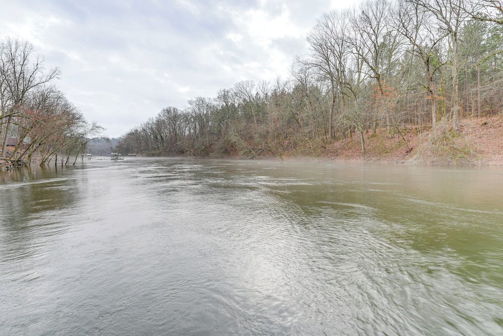 Firplace & Deck: Riverfront Heber Springs Home