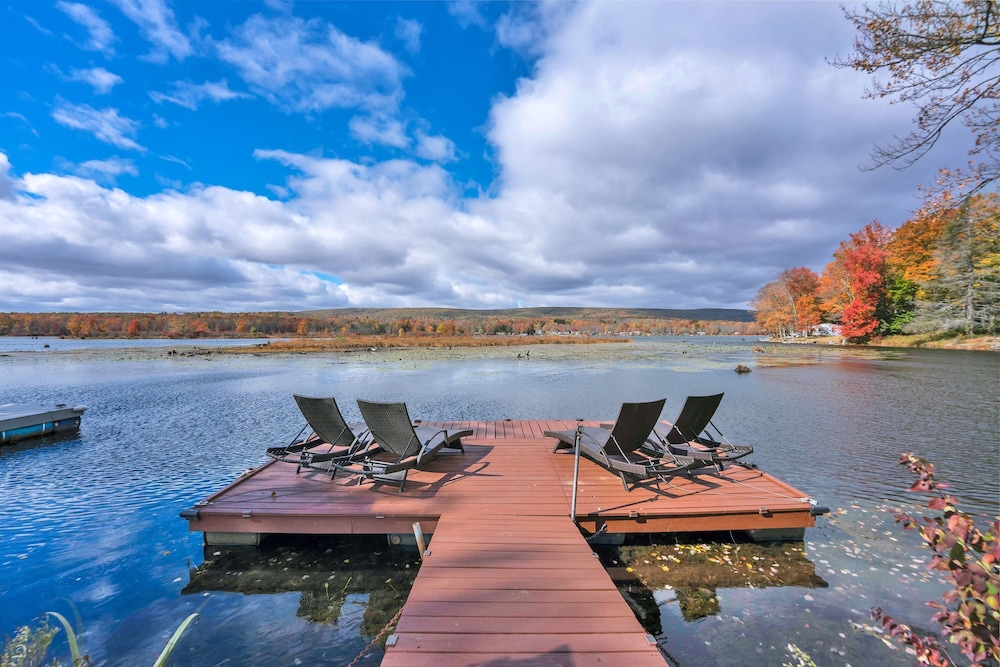 Lakefront A-frame Dock Kayaks Fire Place