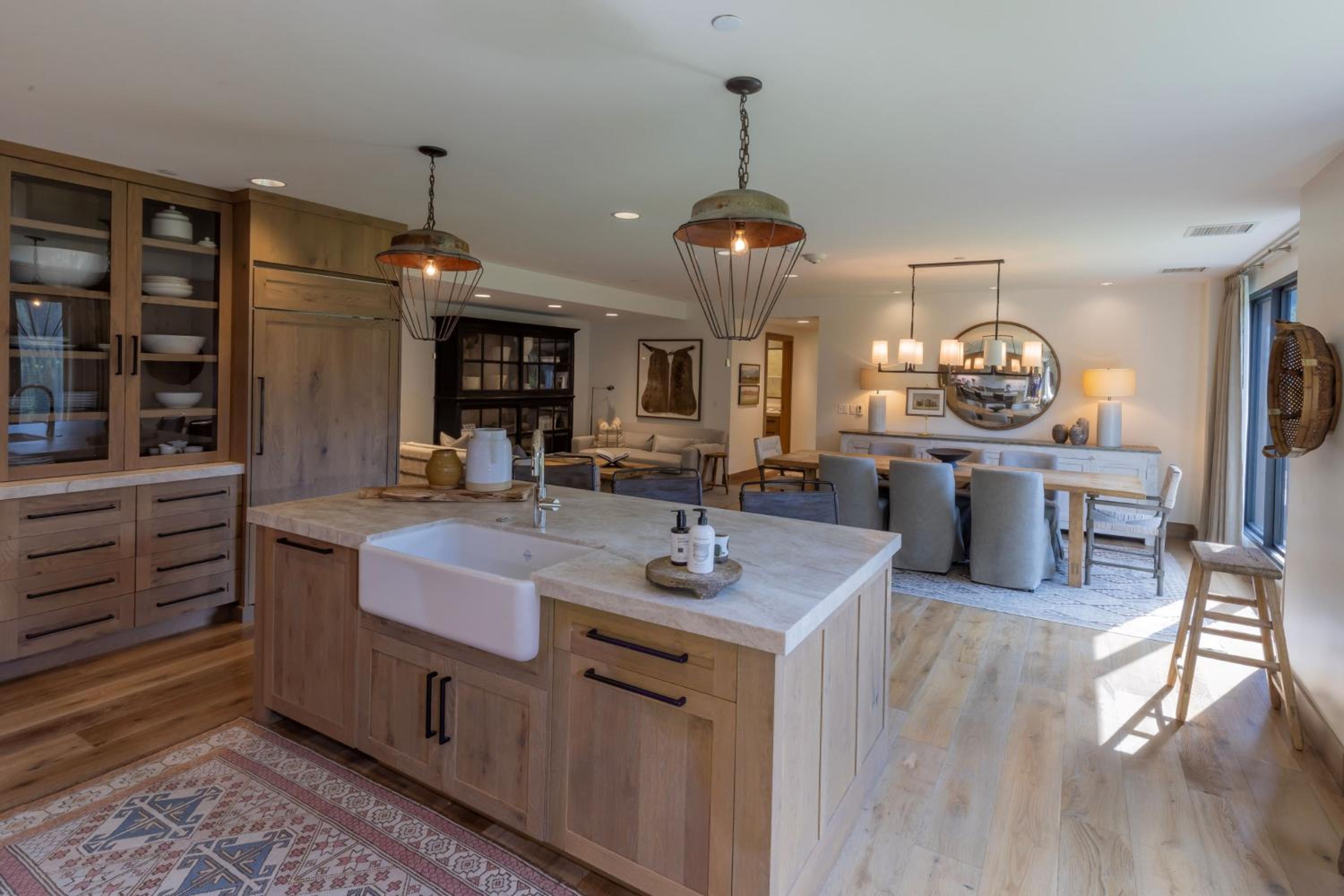 Interior of the Snowpine lodge feature a kitchen and island at this luxury accommodation at Alta Ski Area