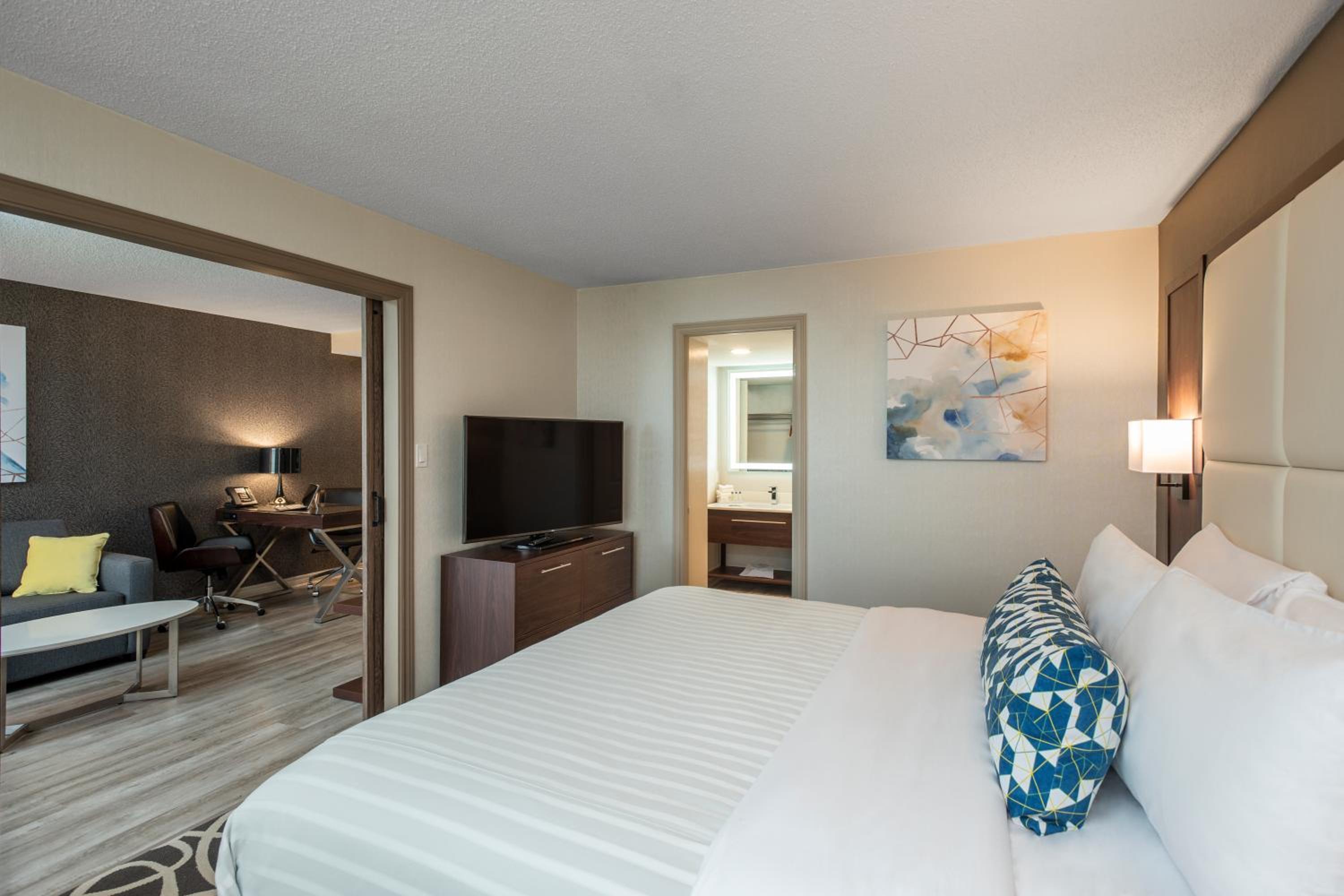 hotel room with a king size bed and a flat screen tv