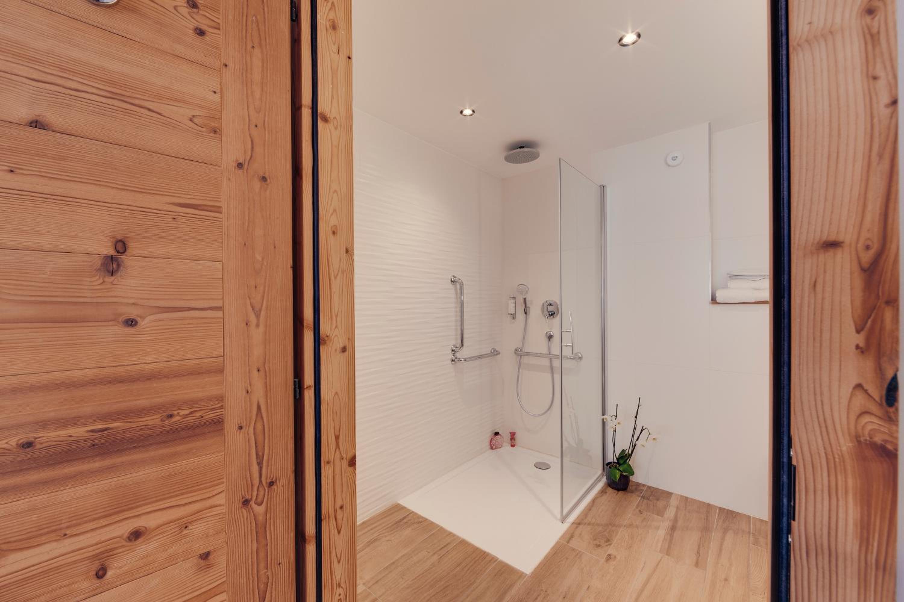 Bathroom with a glass-enclosed walk-in shower, white walls, and wood-look flooring.