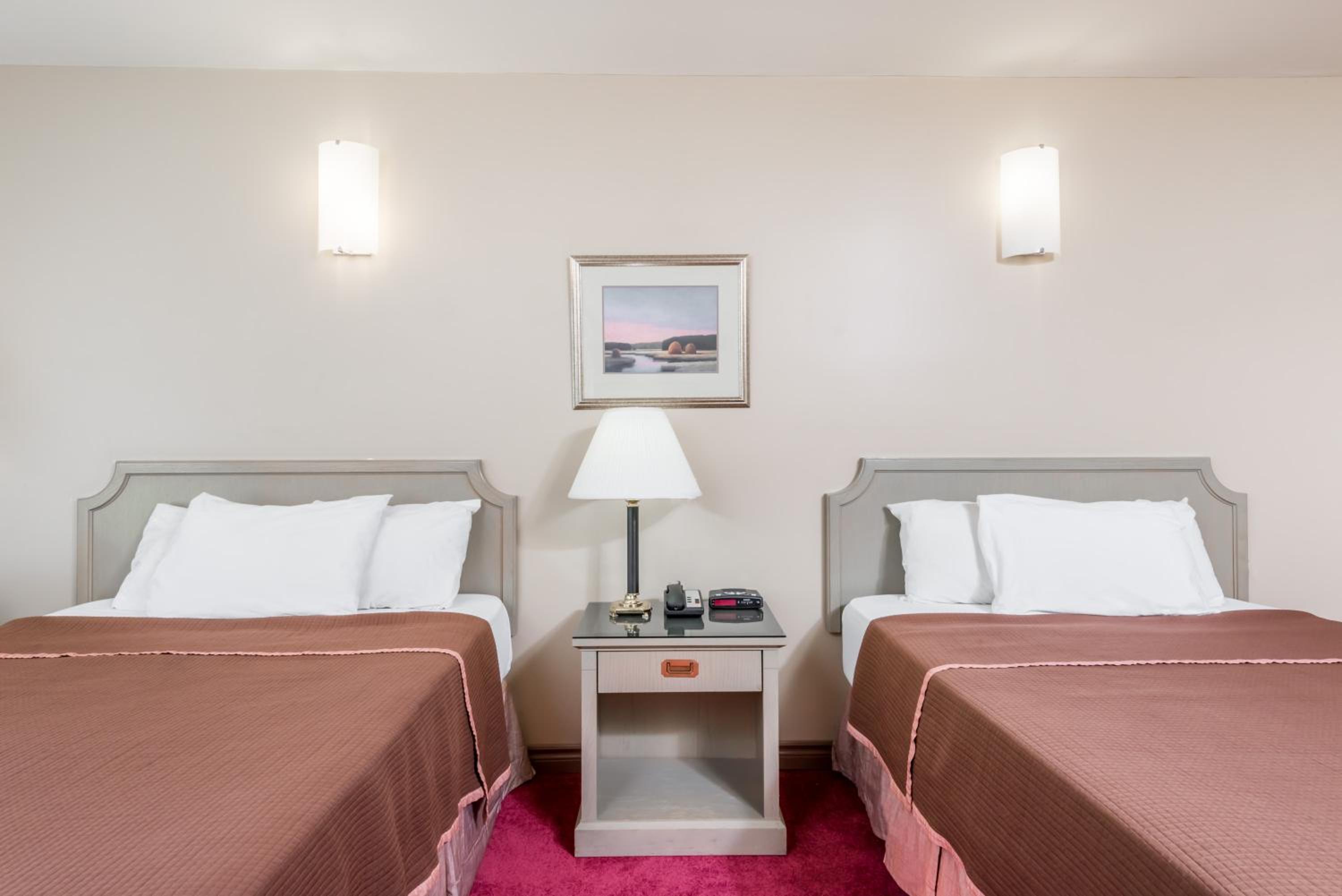hotel room with two twin beds and a pink carpet