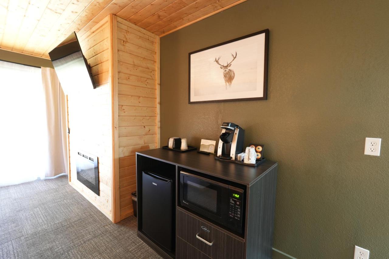 Cabinet with microwave, mini-fridge, coffee maker, and fireplace
