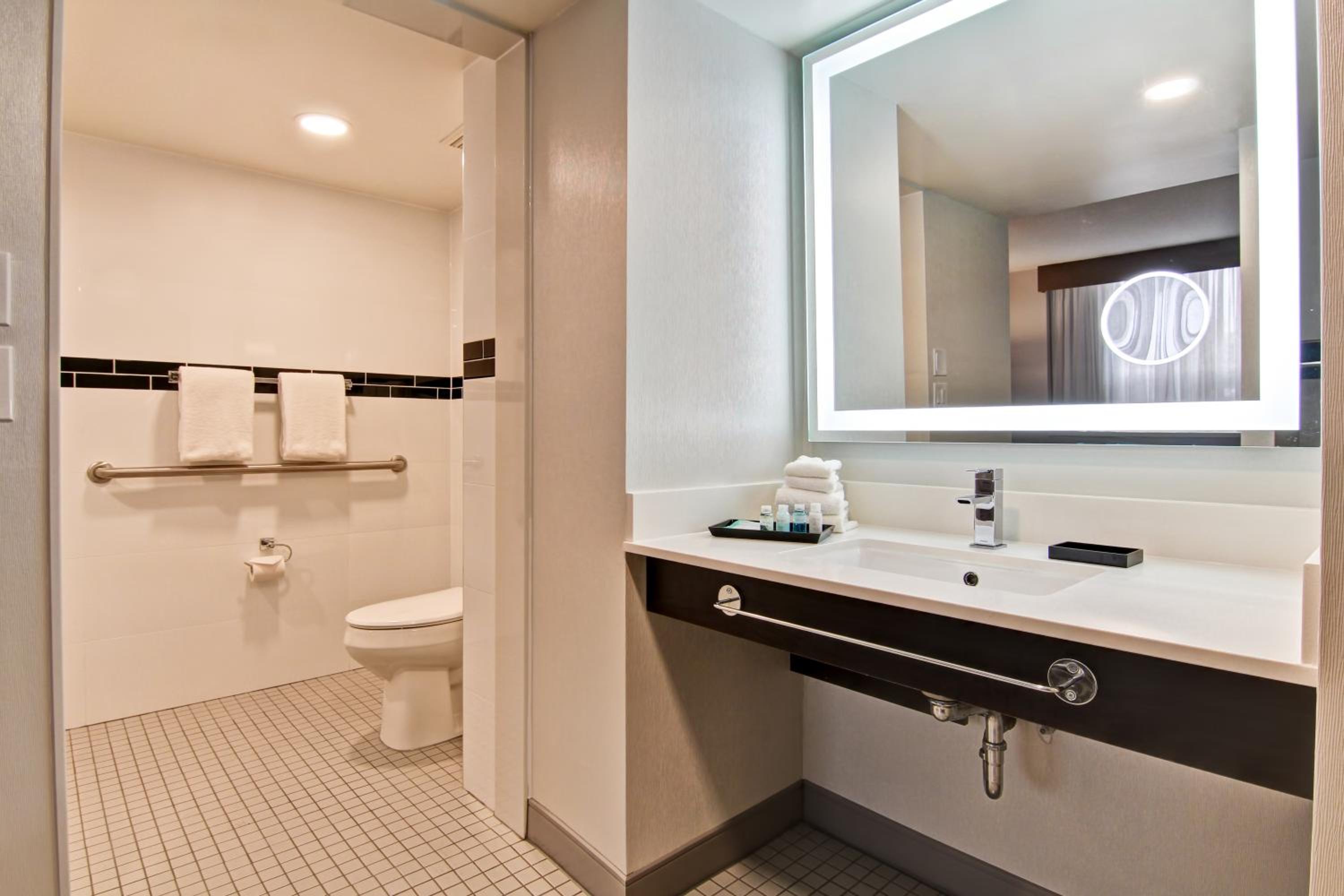 bathroom with a toilet, sink, mirror and shower