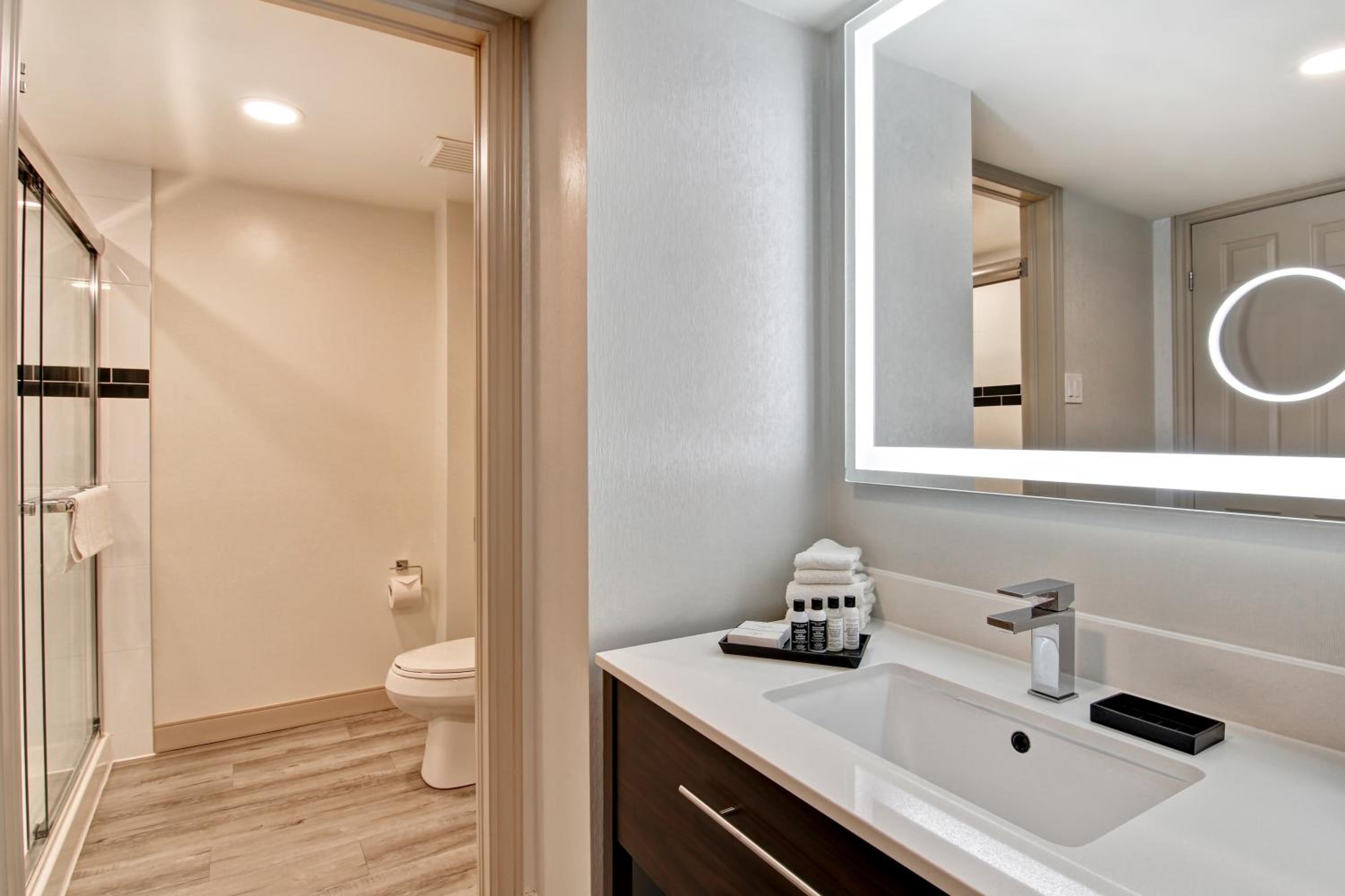 bathroom with a walk in shower and a large mirror