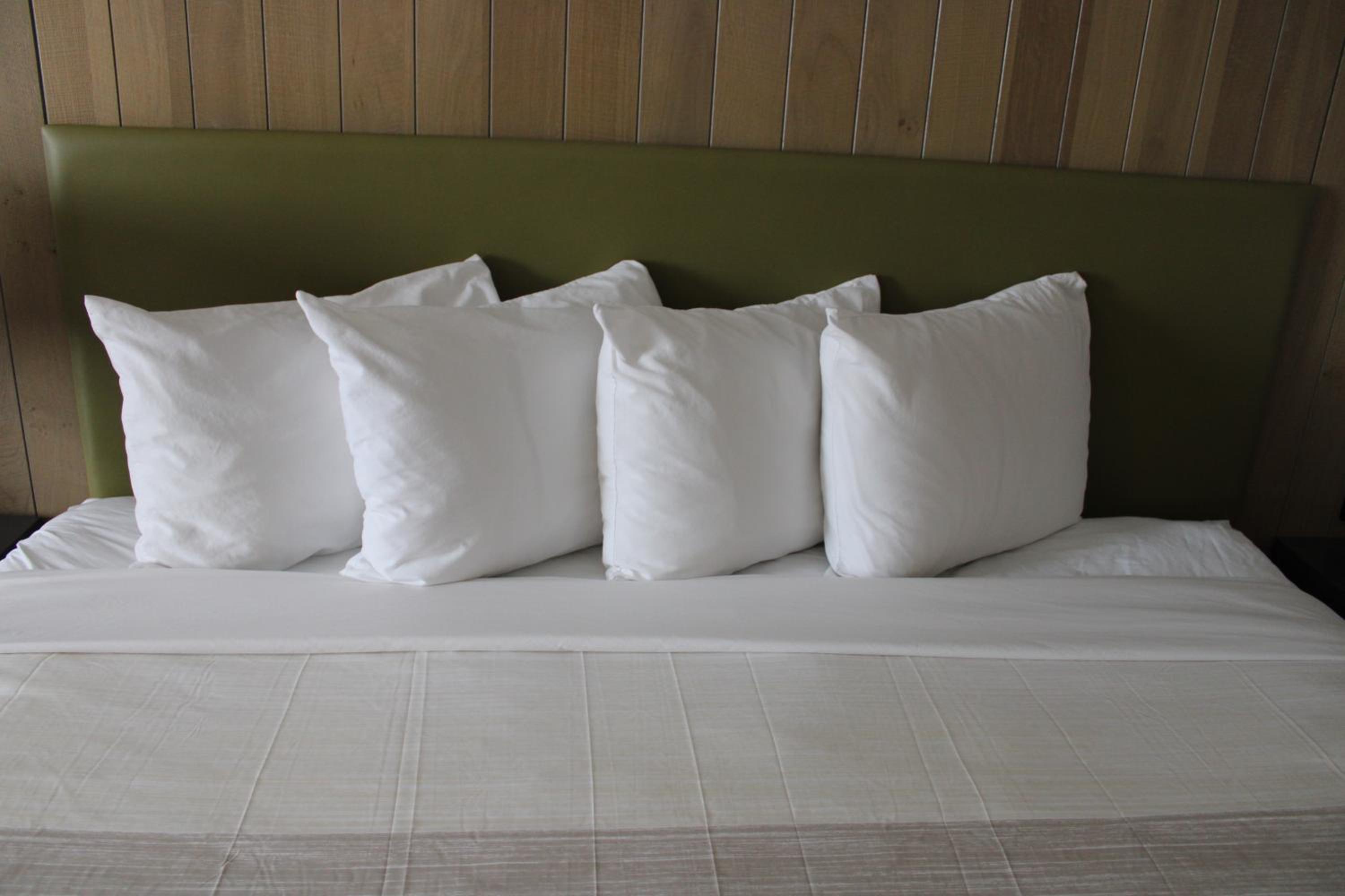 bed with white pillows and a green headboard?
