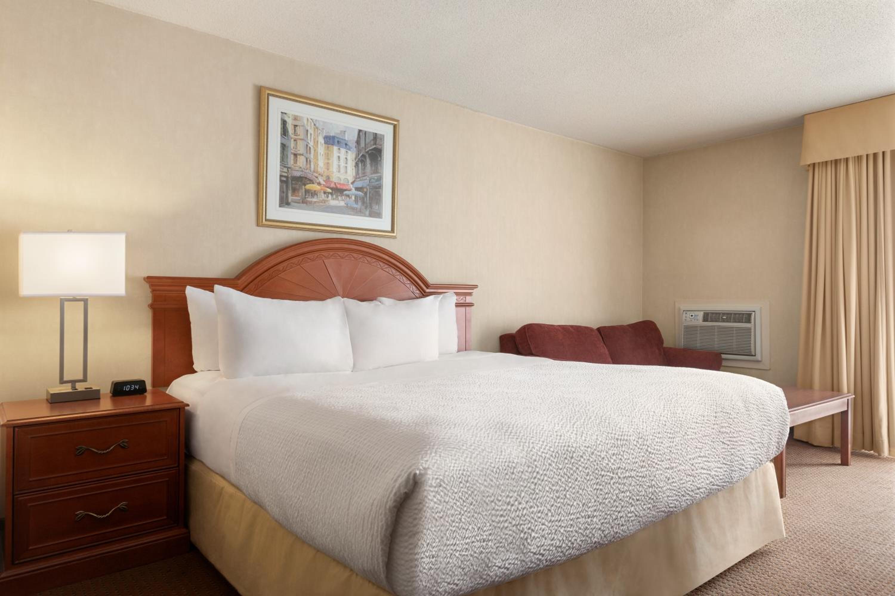 hotel room with a king size bed and an air conditioner