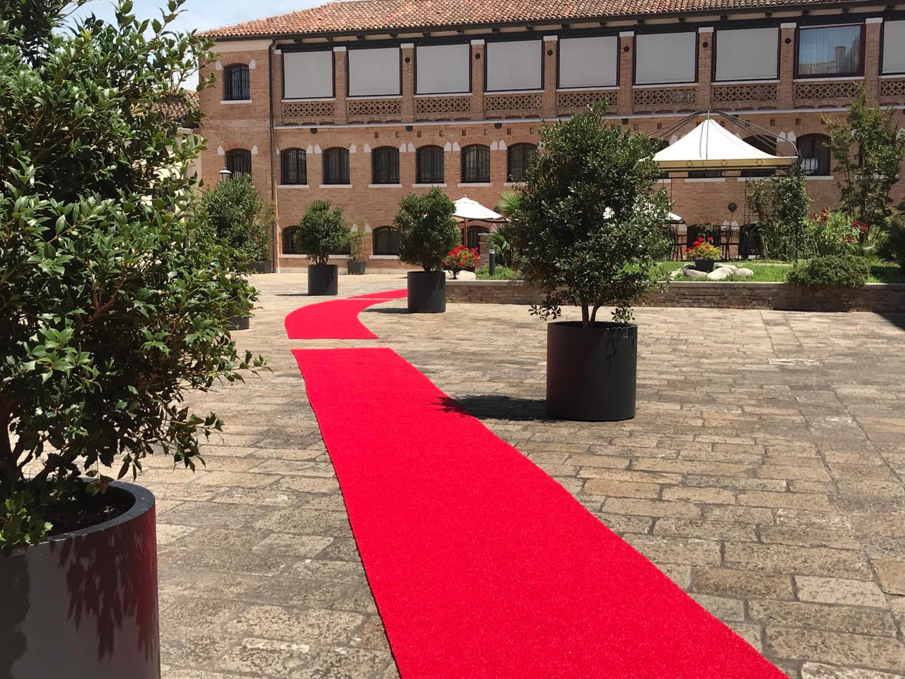 red carpet in front of a large building with trees and potted plants