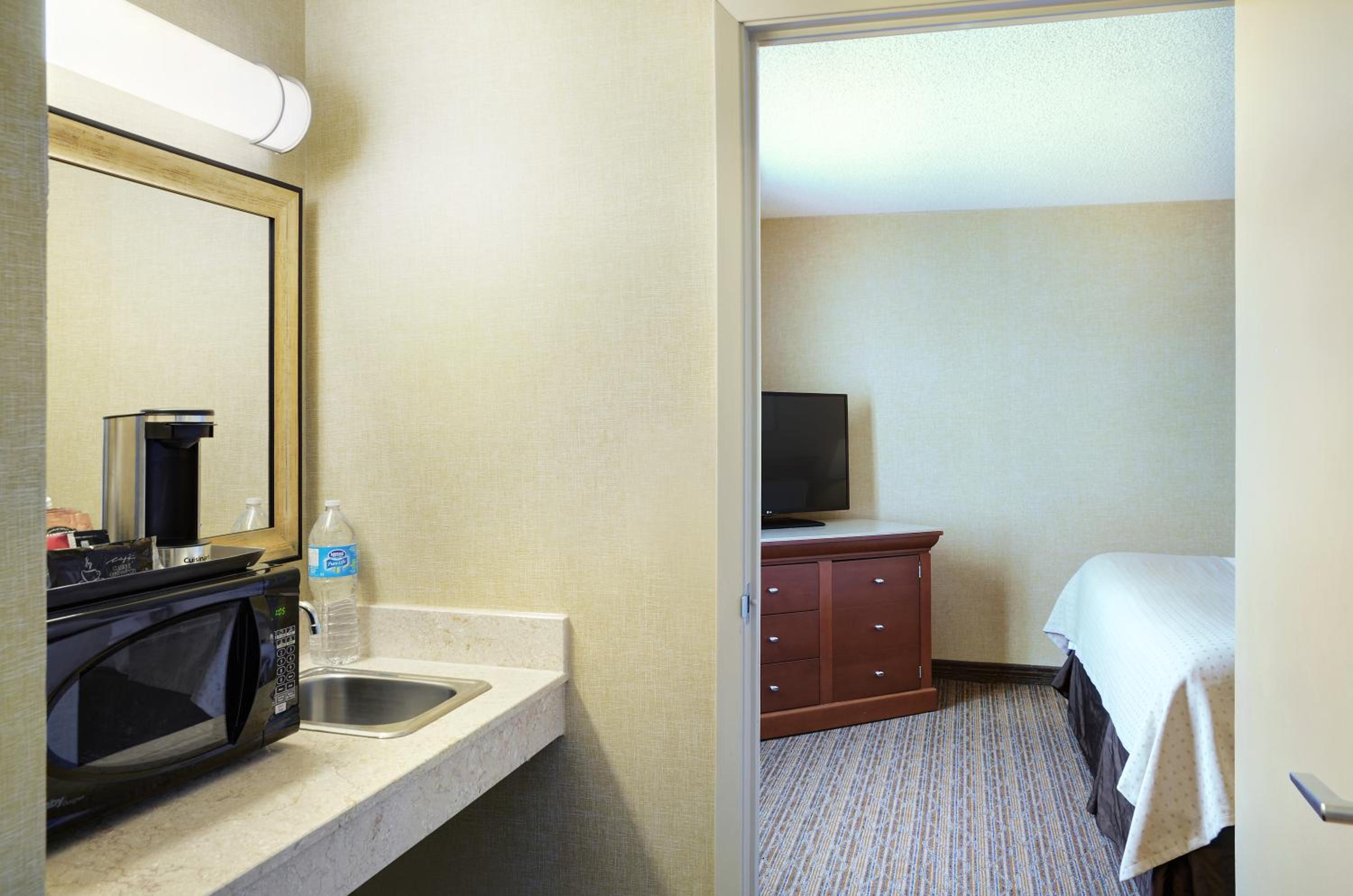 hotel room with a sink, microwave, and bed