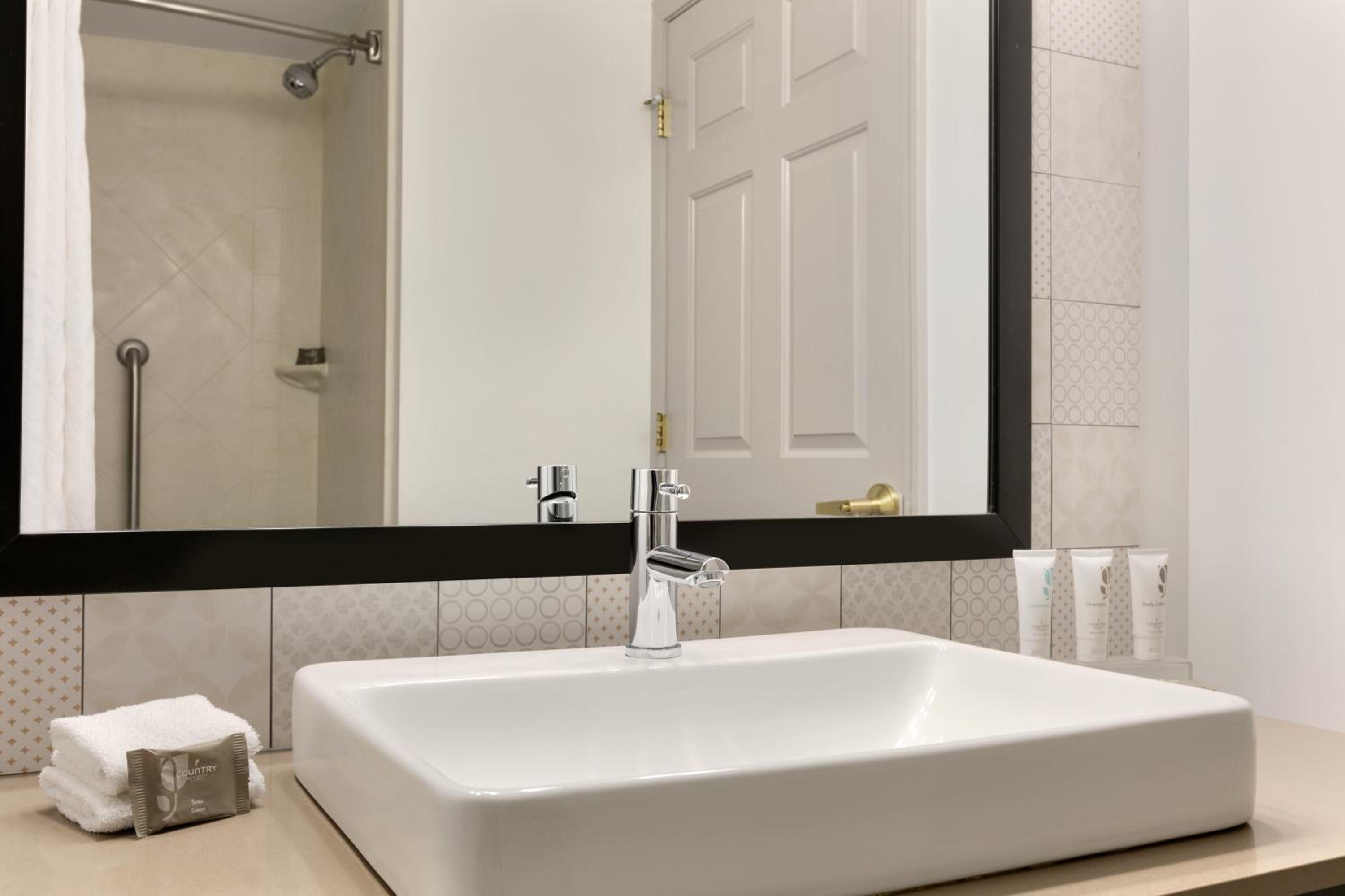 bathroom with a sink, mirror, and toiletries