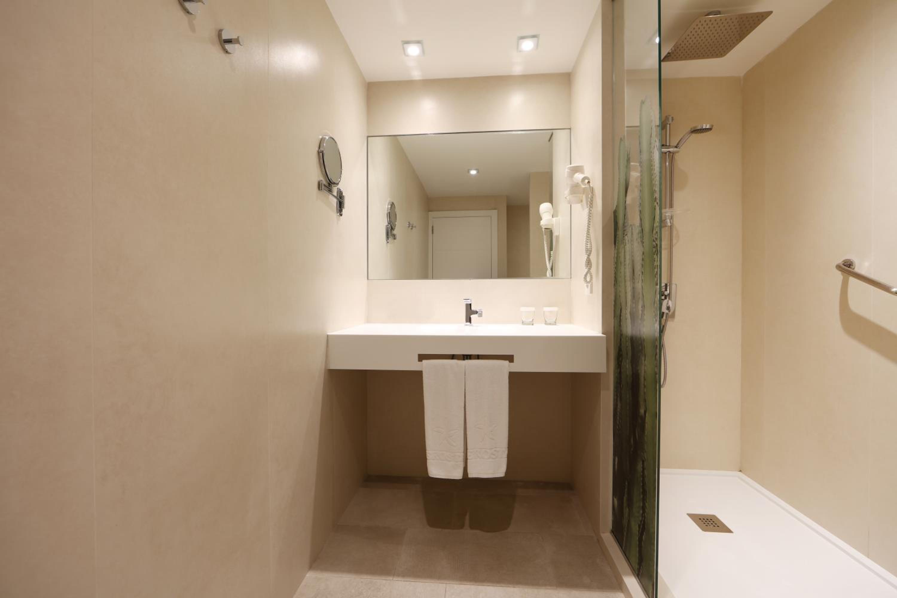bathroom with a walk in shower and a white sink