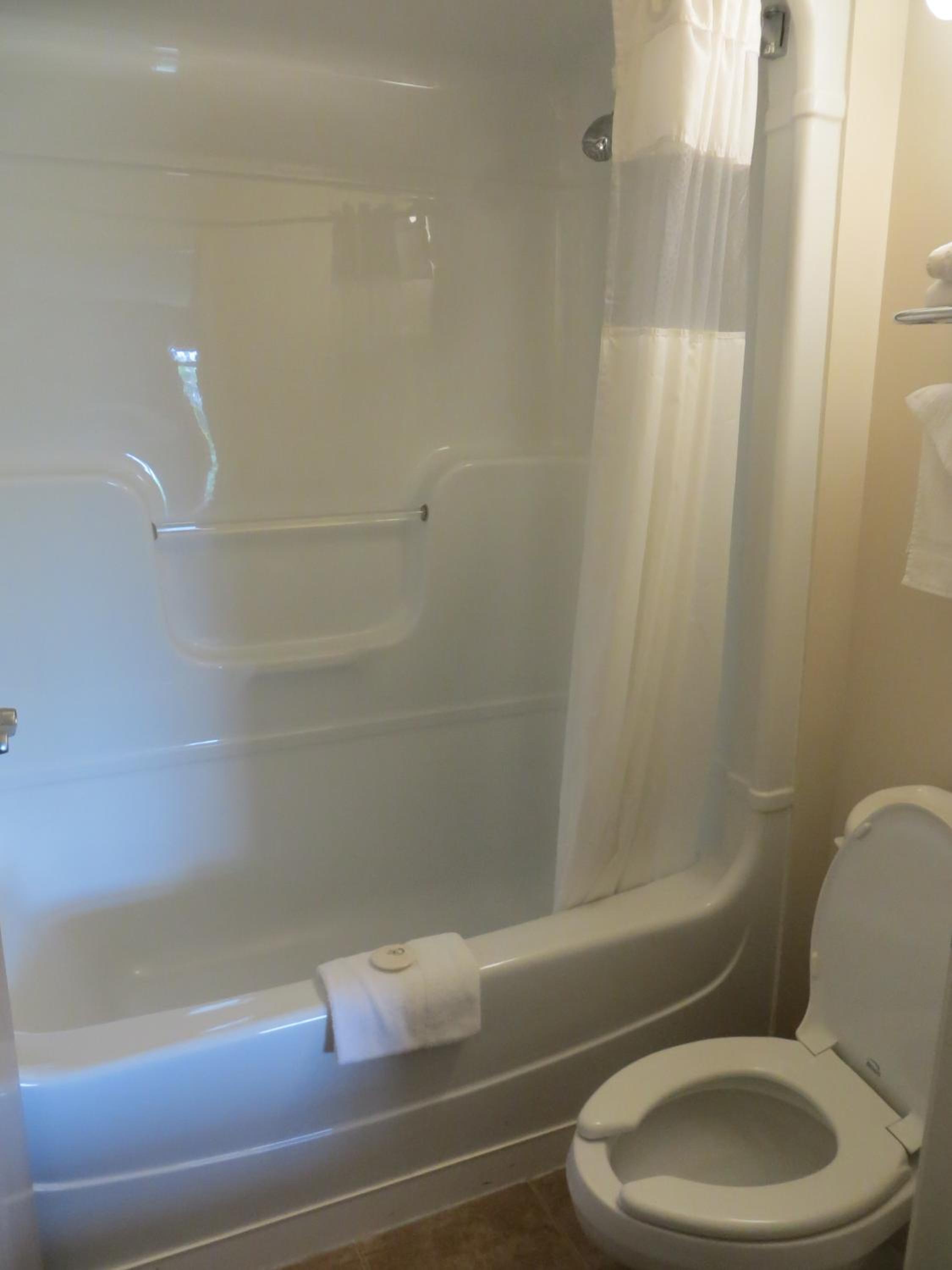 bathroom with a tub, toilet, and shower curtain