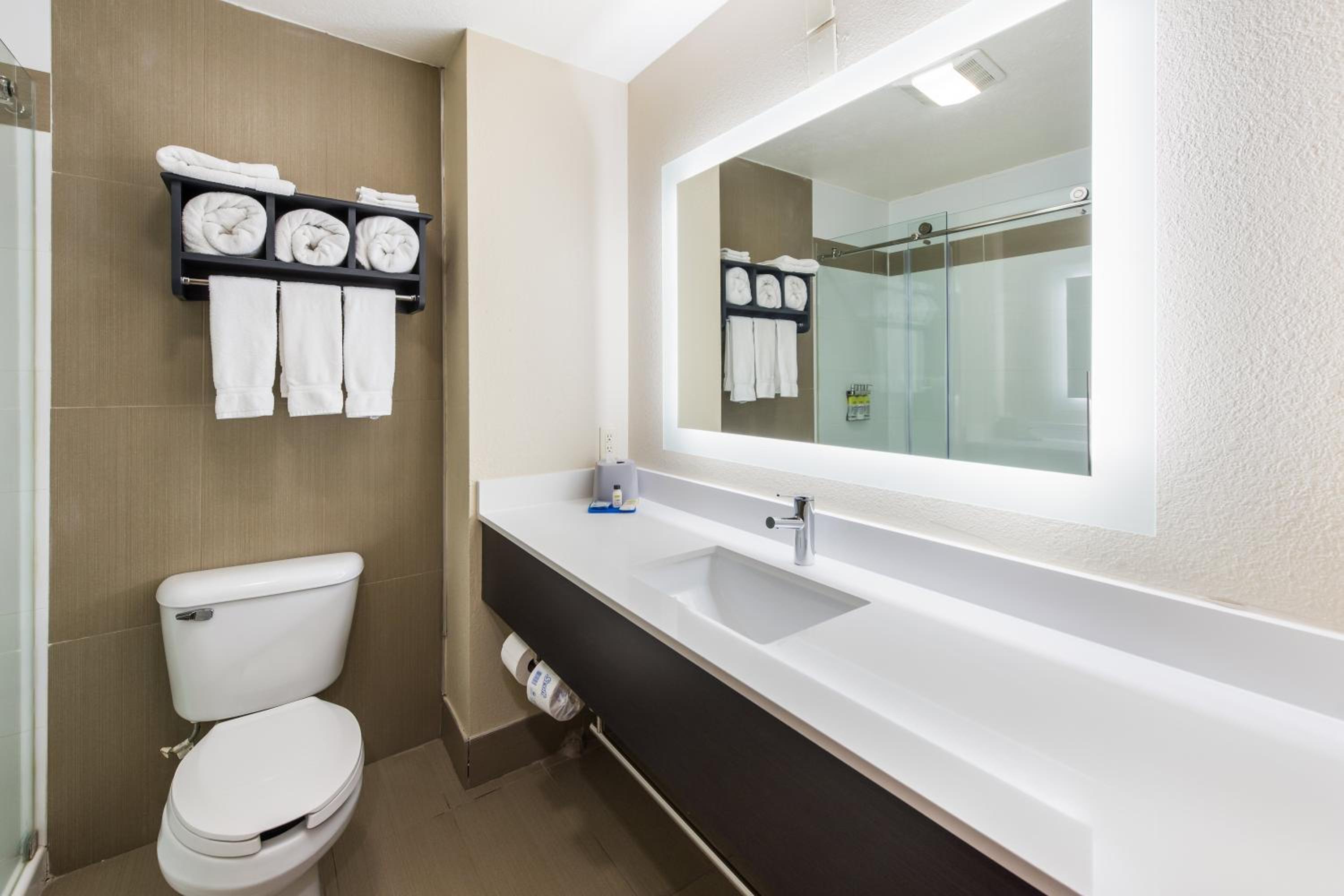 bathroom with a toilet, sink, mirror and towel rack