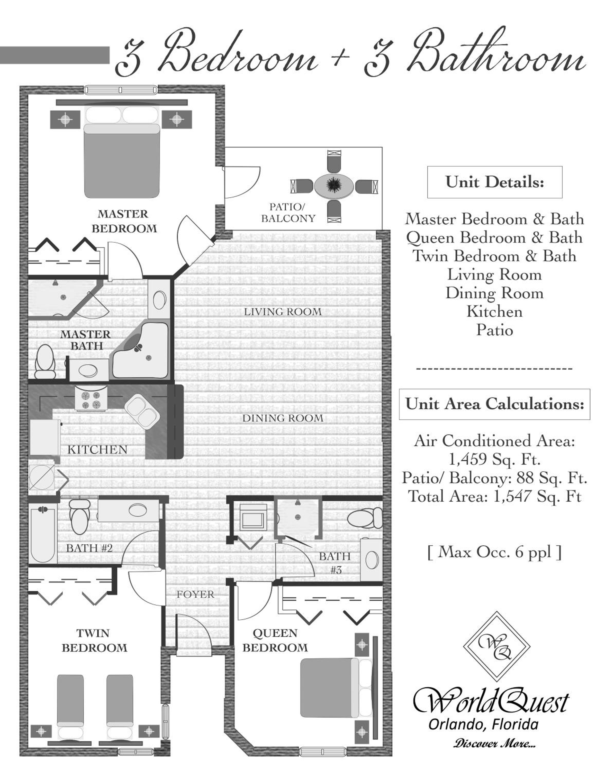 Three-Bedroom Suite with Three bathrooms