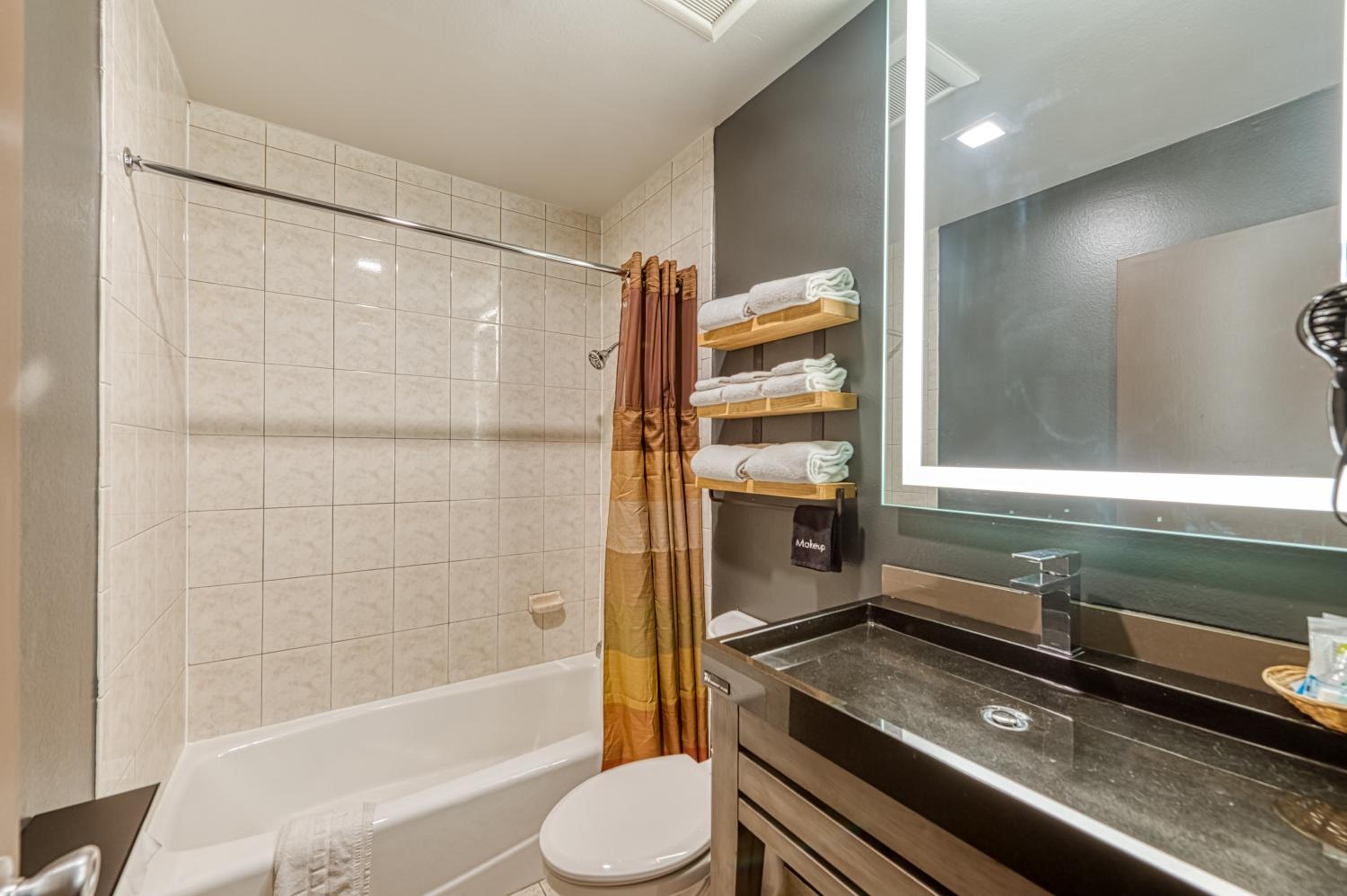 Bathroom with a white bathtub, toilet, and a dark countertop vanity.