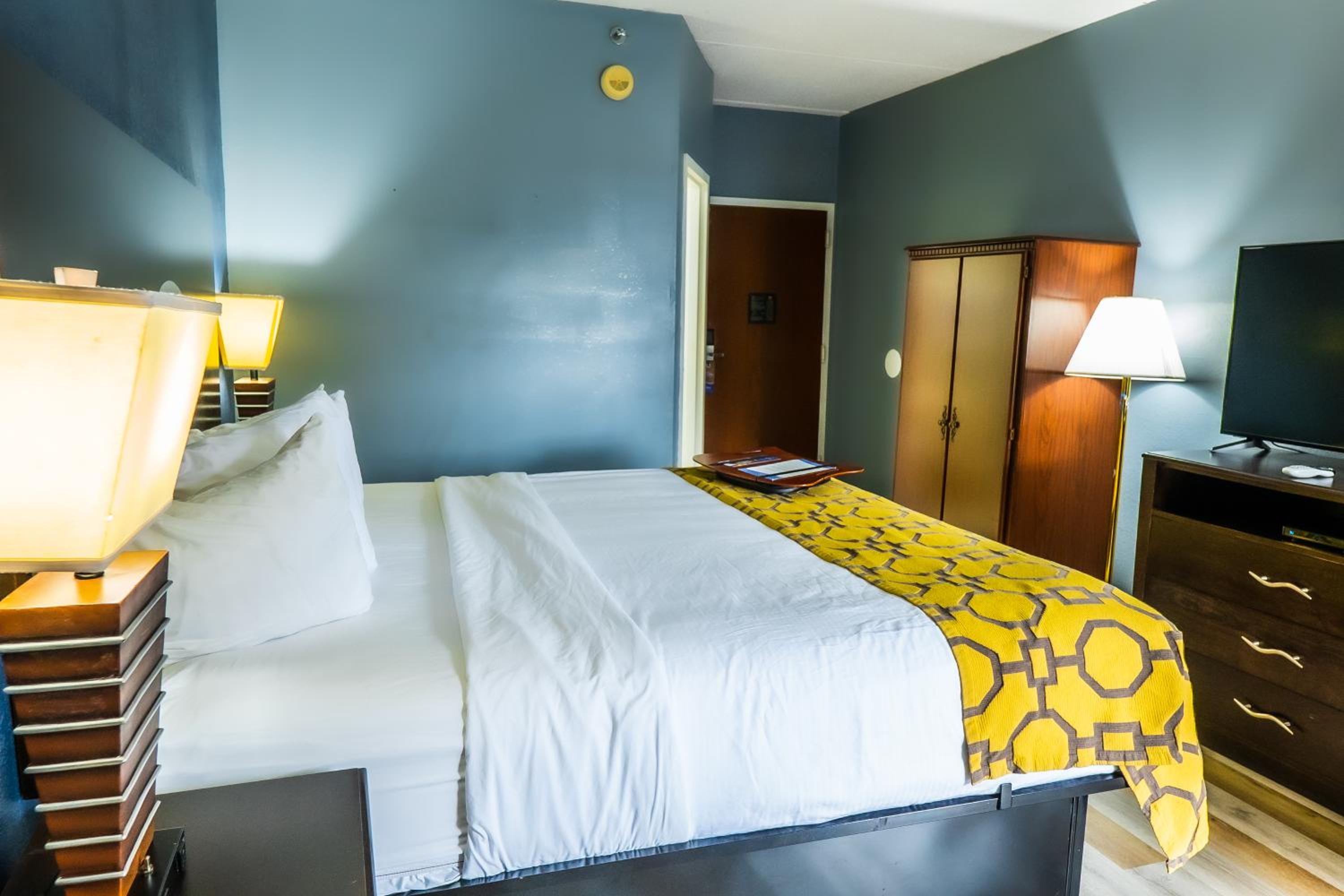 hotel room with a large bed and a flat screen tv