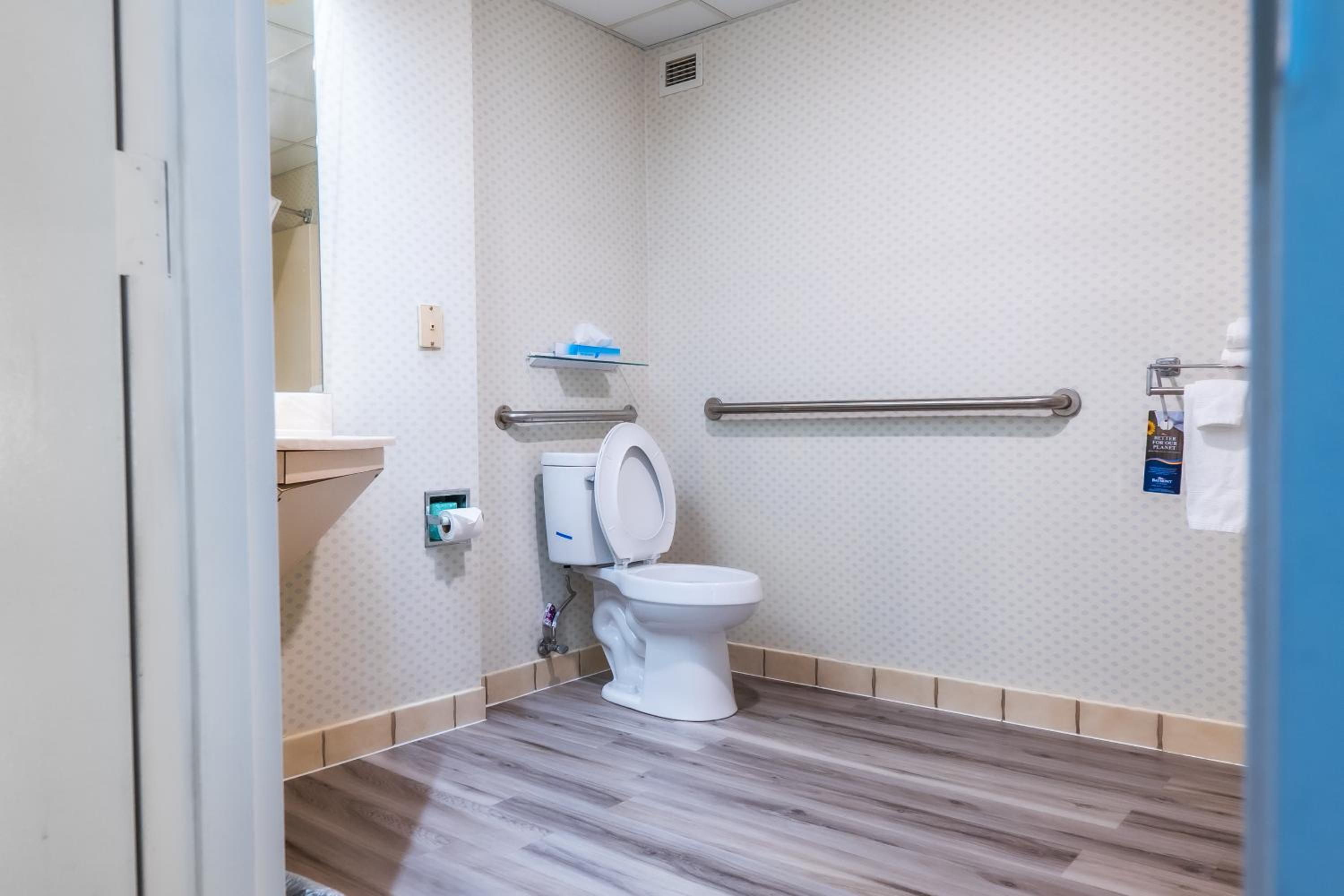 bathroom with a toilet, sink, and grab bars