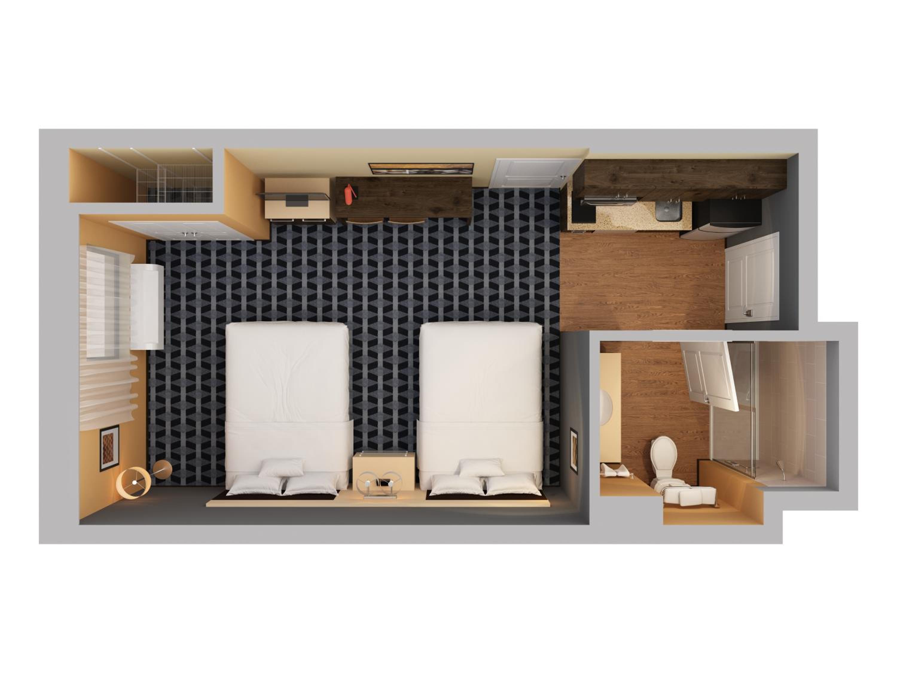 top down view of a room with two beds and a desk