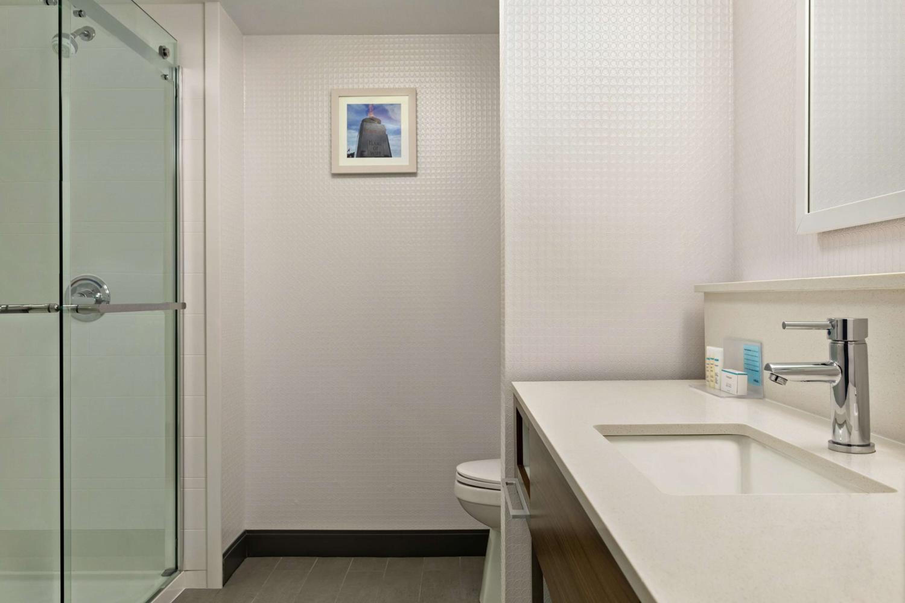 bathroom with a sink, toilet, and shower stall