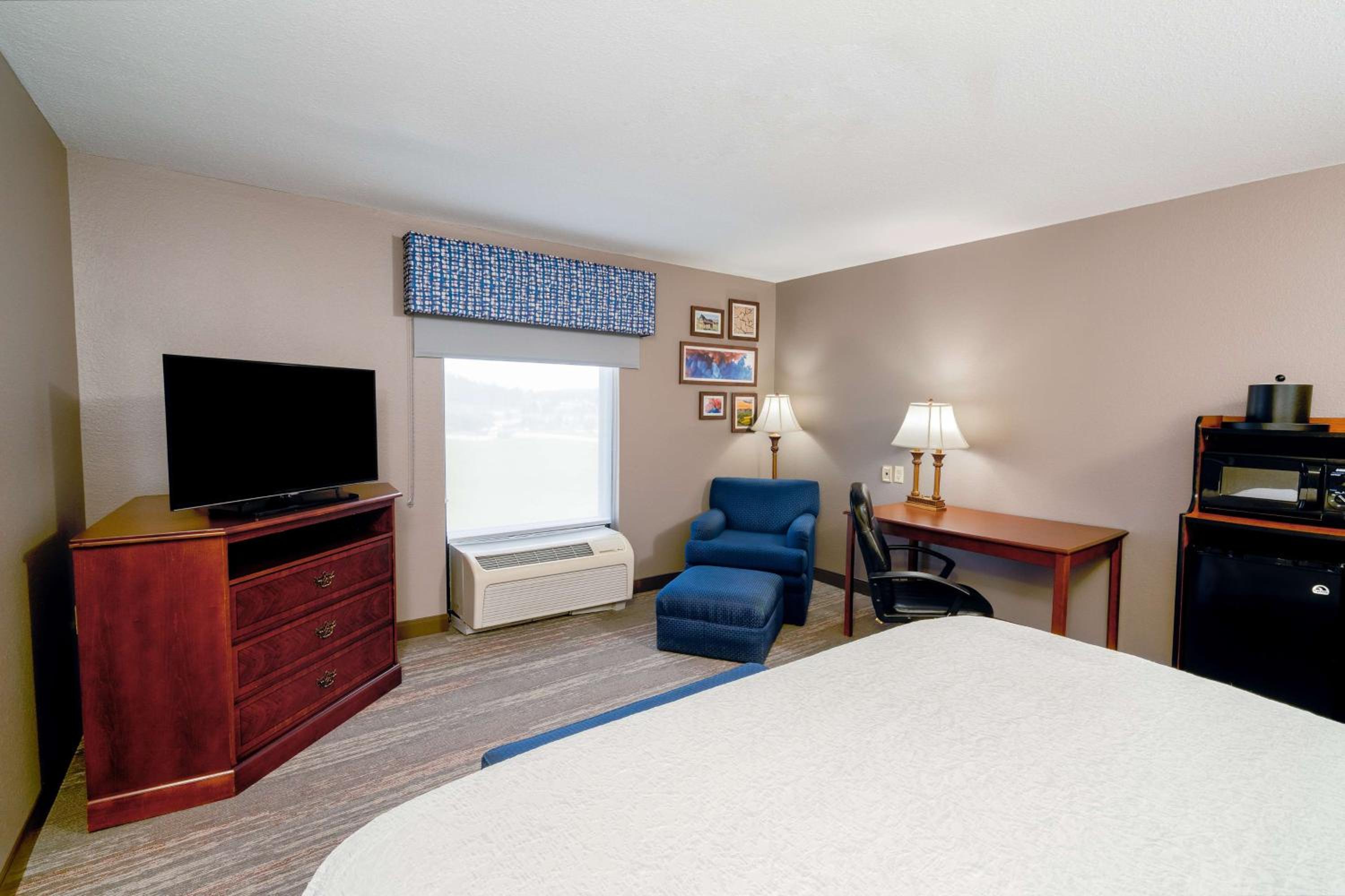 hotel room with a bed, chair, desk and television