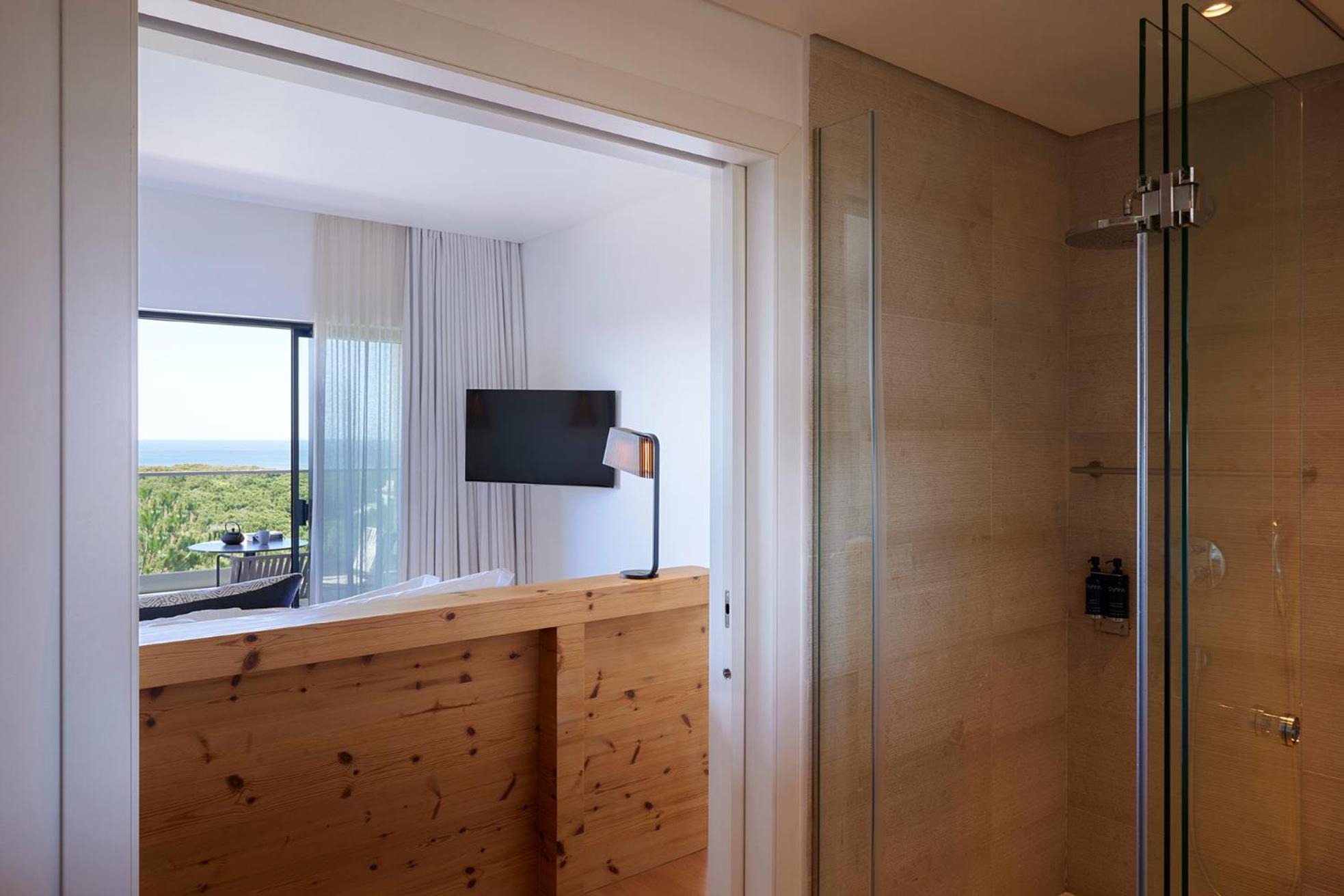 walk in shower with a flat screen tv on the wall