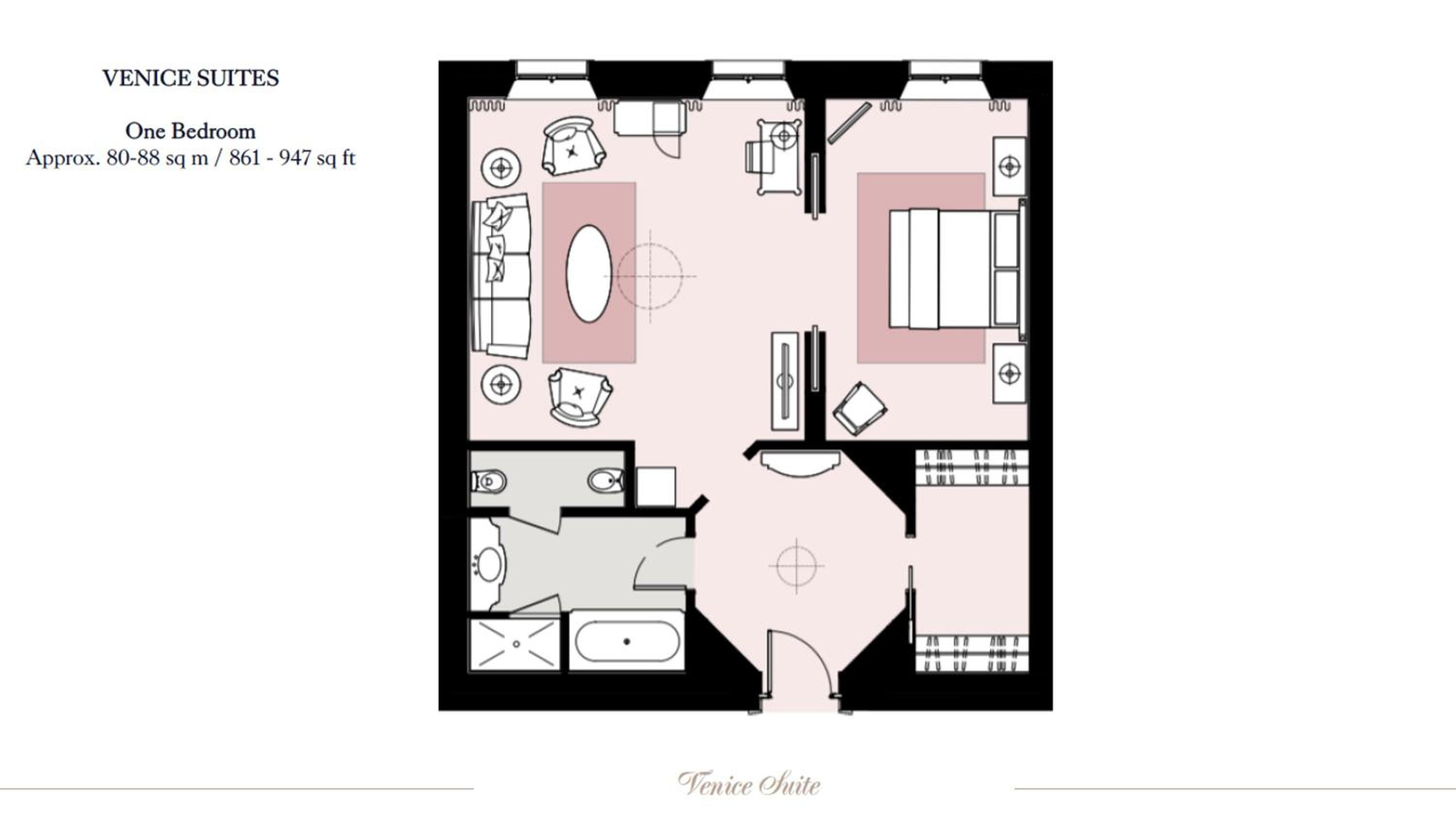 floor plan of a one bedroom suite at the windsor suites