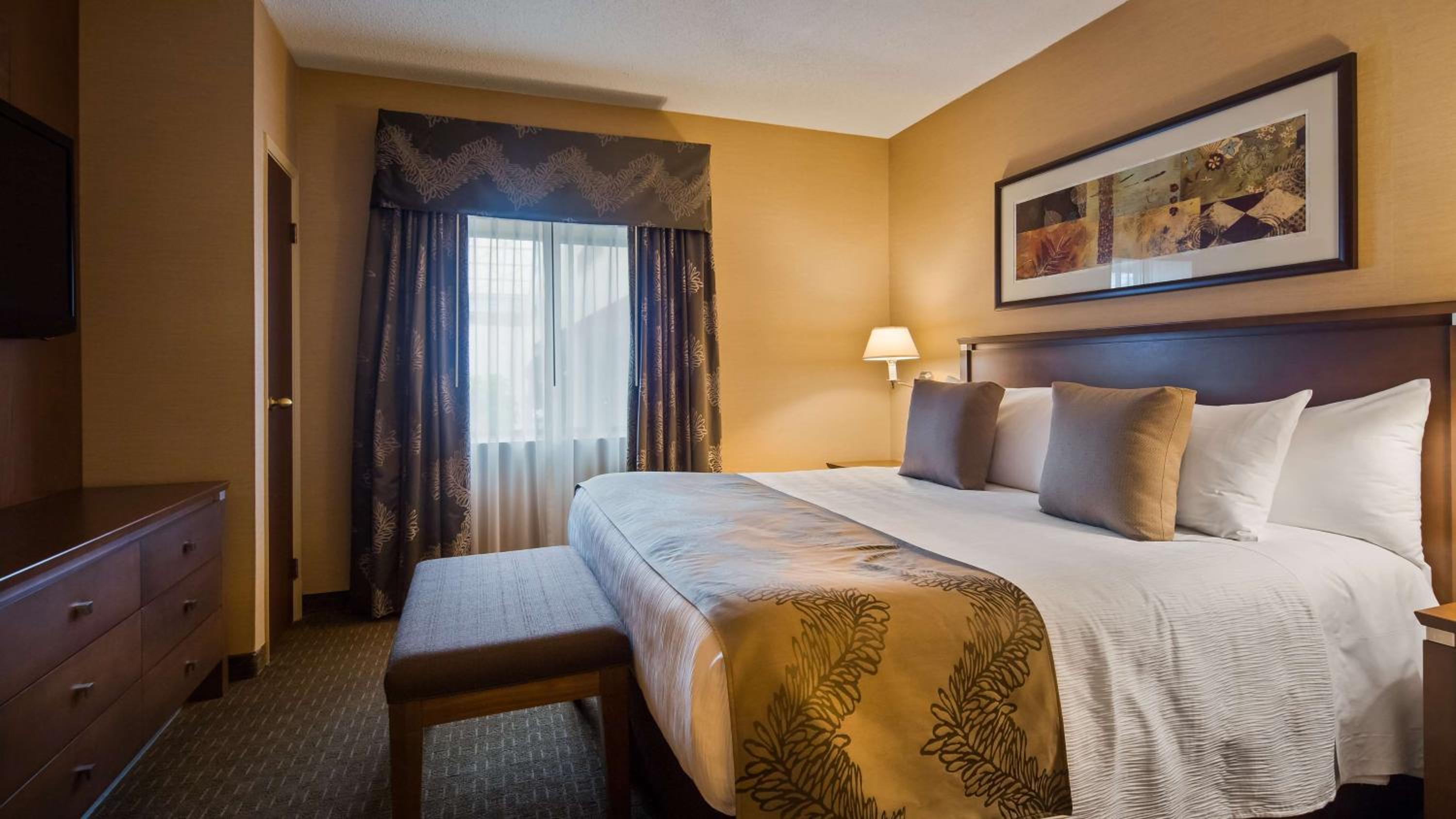 hotel room with a king size bed and a flat screen tv