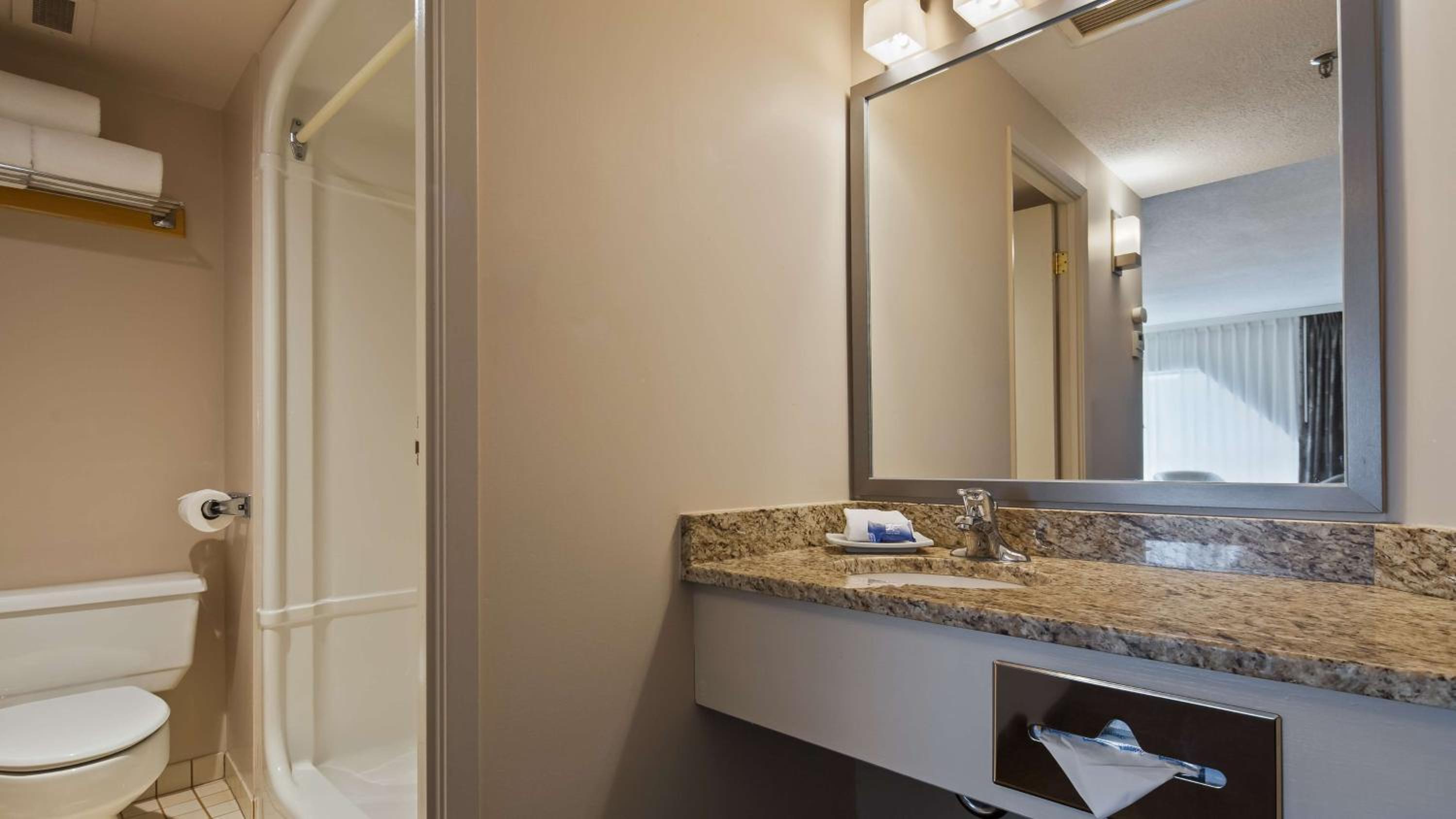 bathroom with a marble counter top and a white toilet