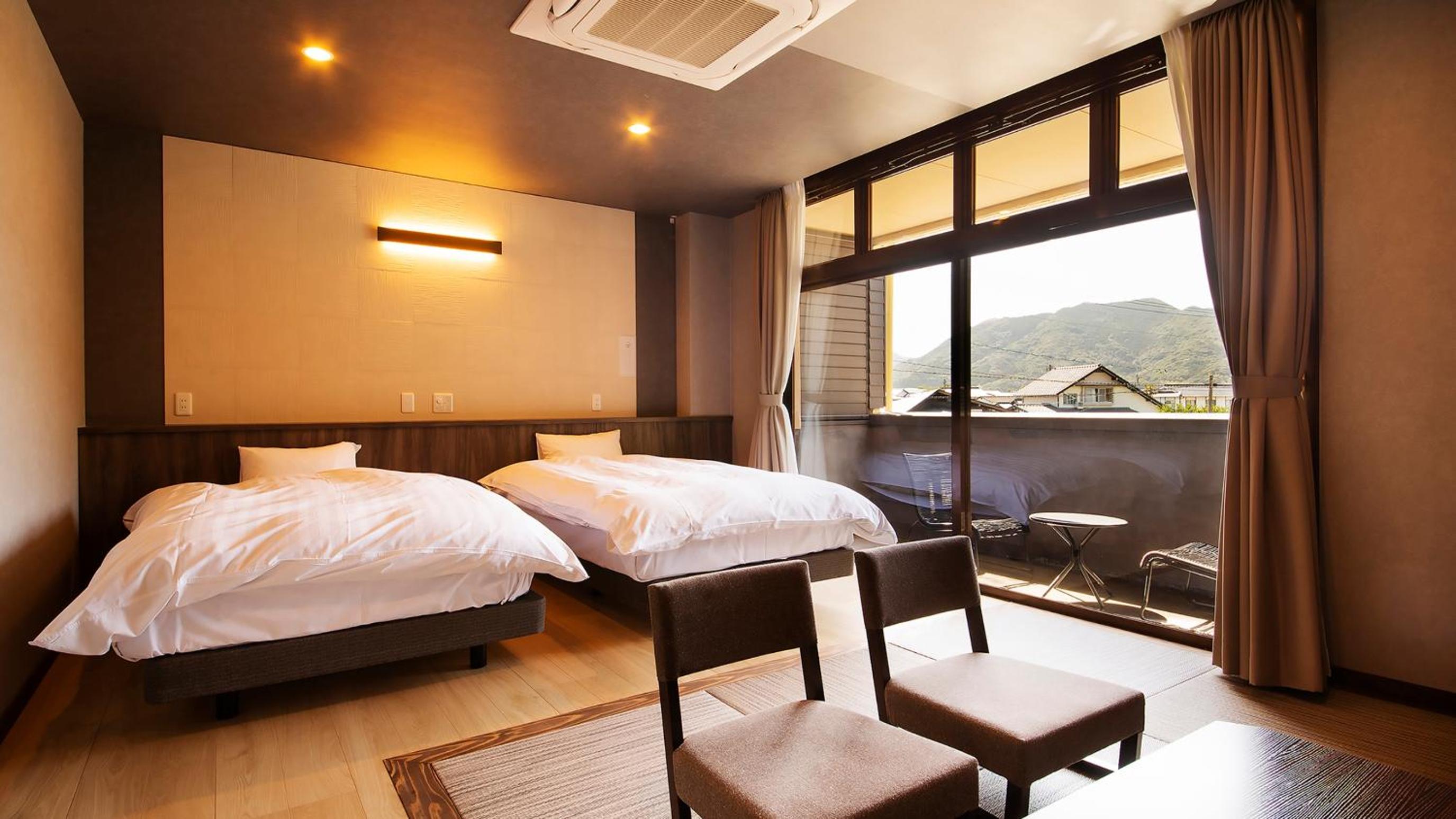 Modern Twin Room with Tatami Area and Semi Open-Air Bath