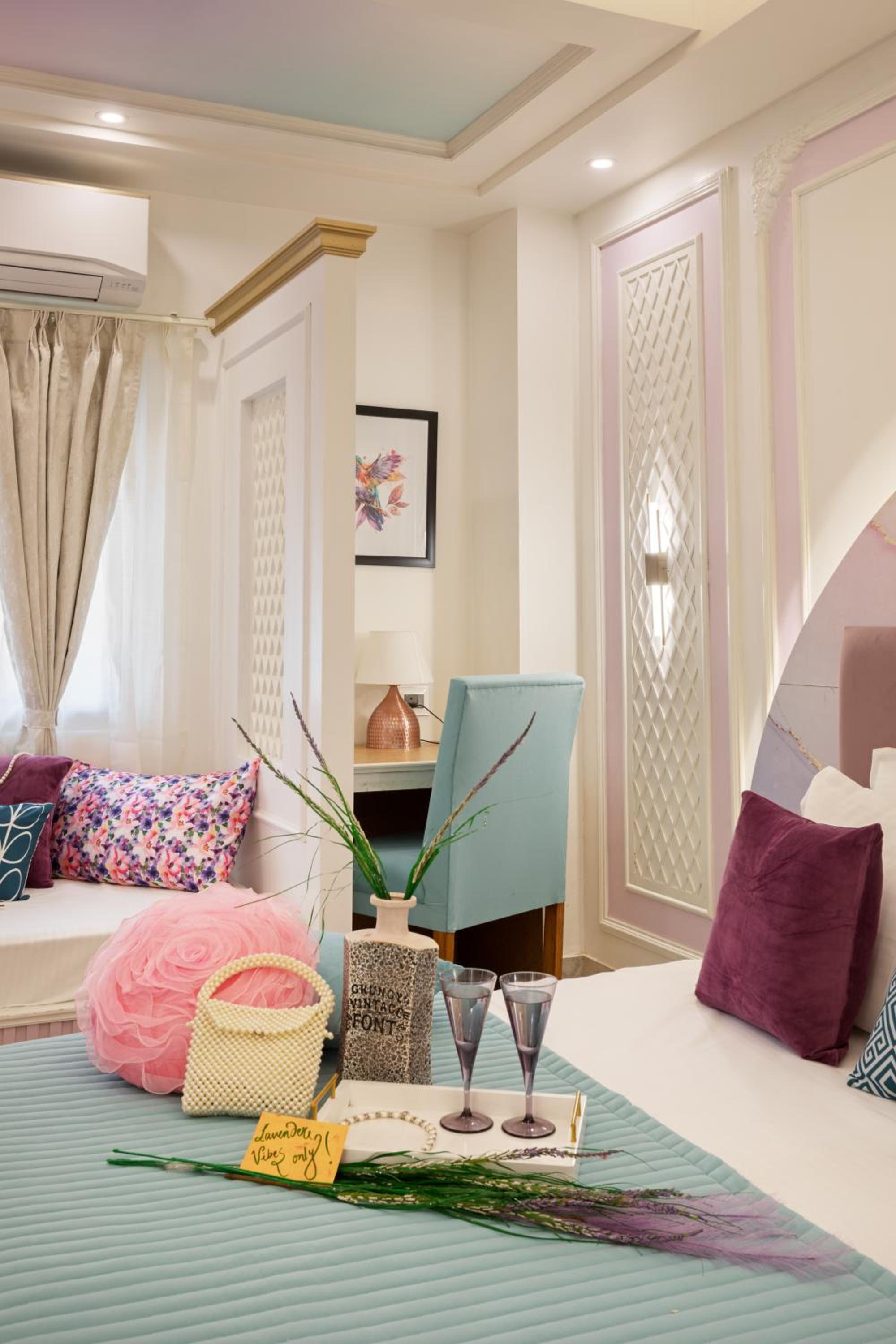 Lavender Theme Neo modern Room with Designer Bed and Extra Day Bed: Enjoy 10% off on - F&B, Spa, car Hire, Complimentary Welcome Drink & Hi-Tea, Candlelight Dinner & Room Decoration Available  - Photo 14
