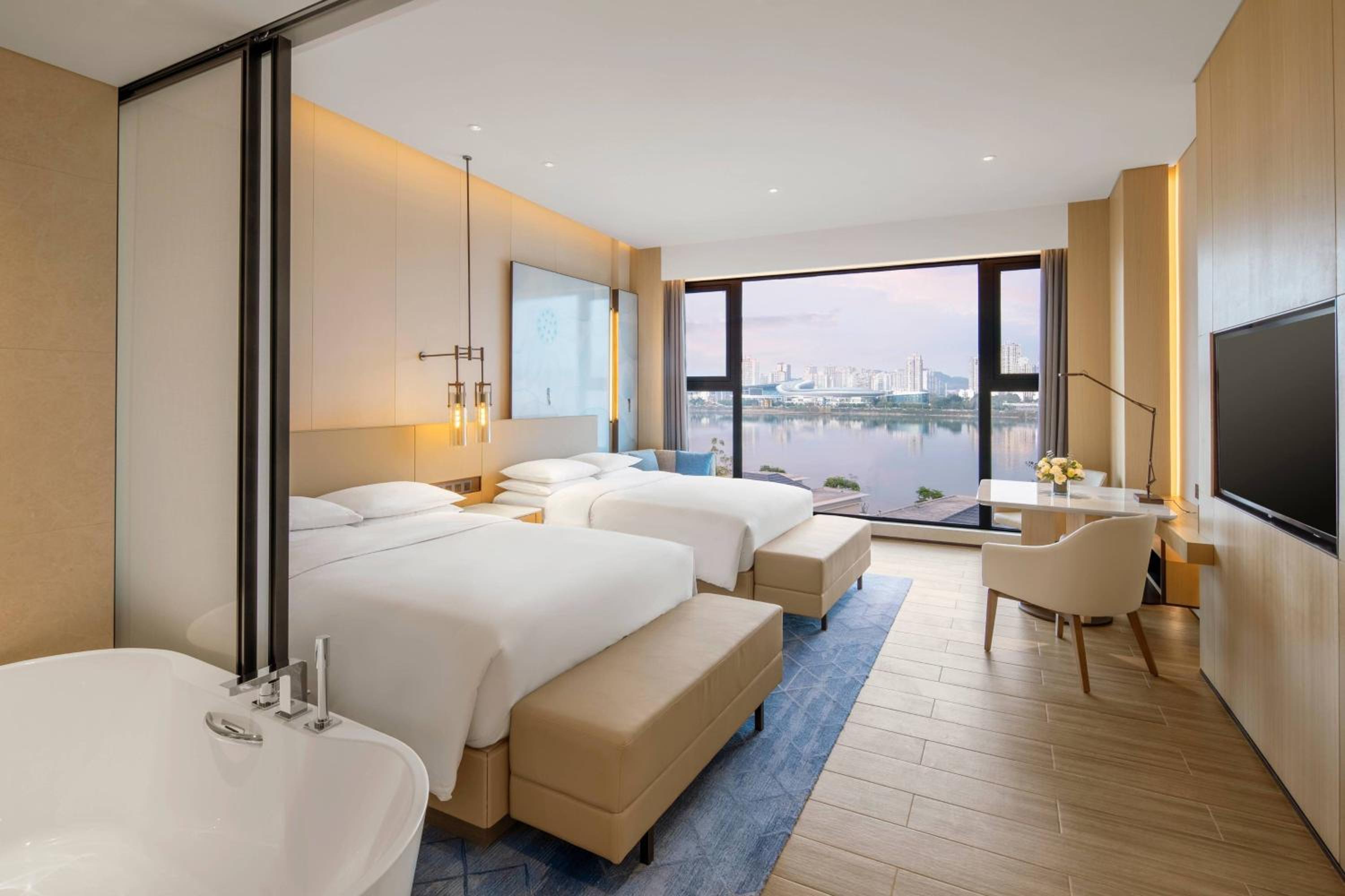 Double Room with Two Double Beds and Partial River View