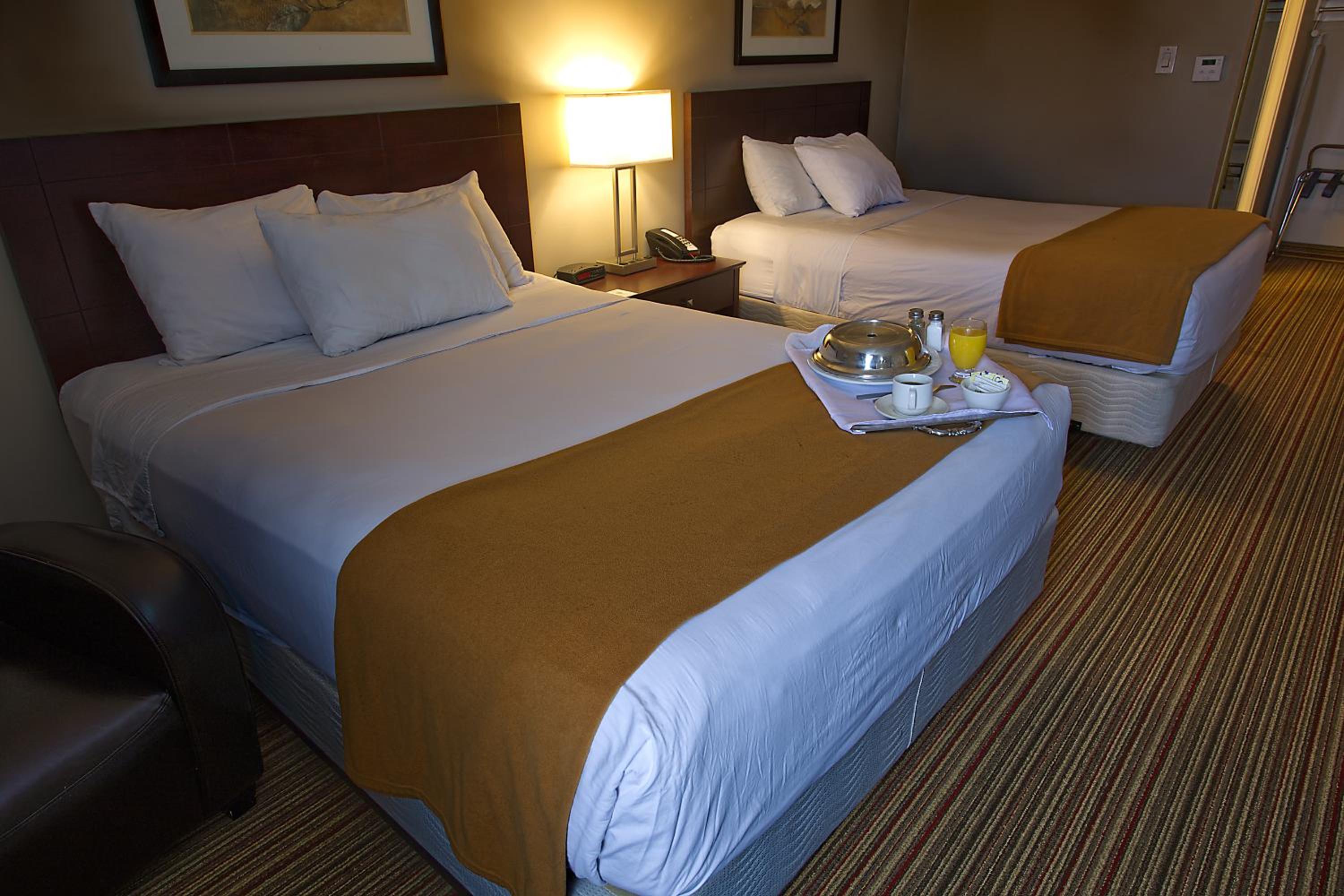 hotel room with two beds and a tray of food