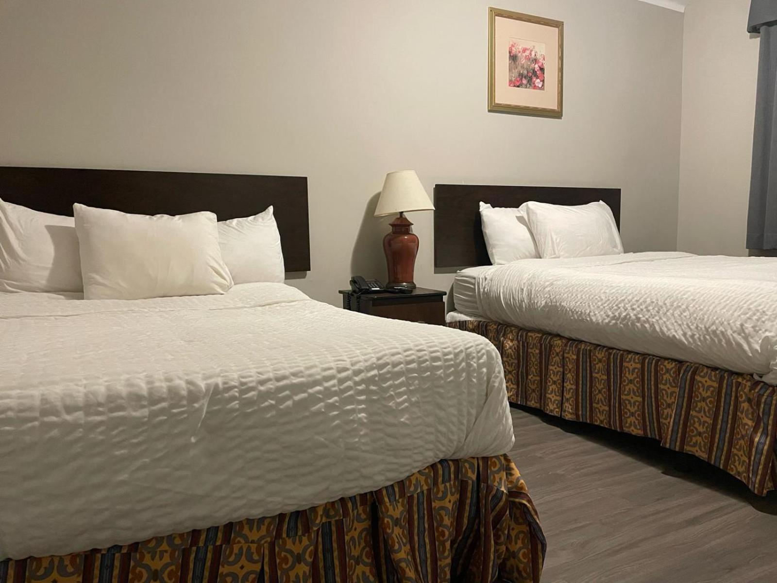 hotel room with two beds and a lamp on the nightstand