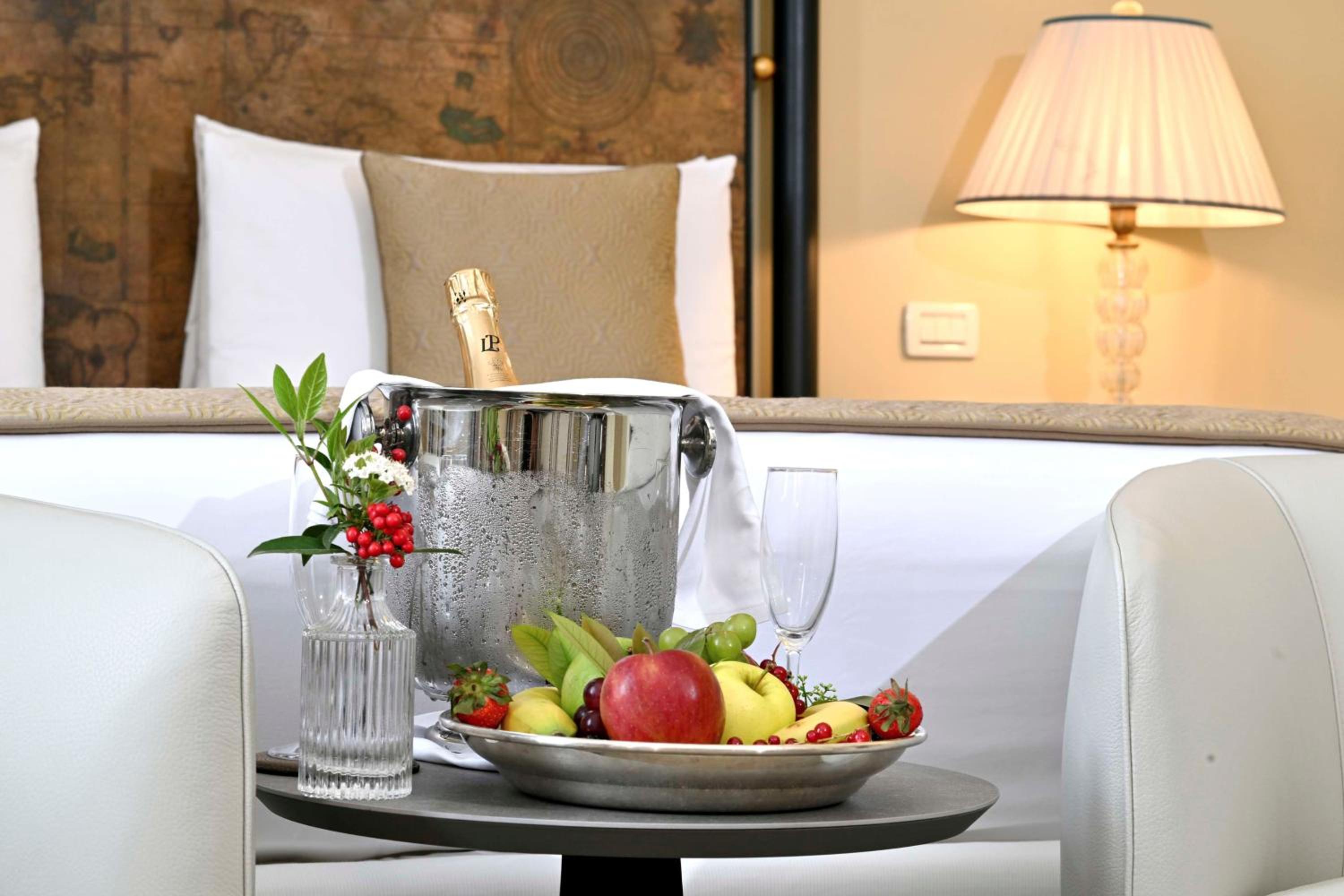 tray of fruit on a table in a hotel room