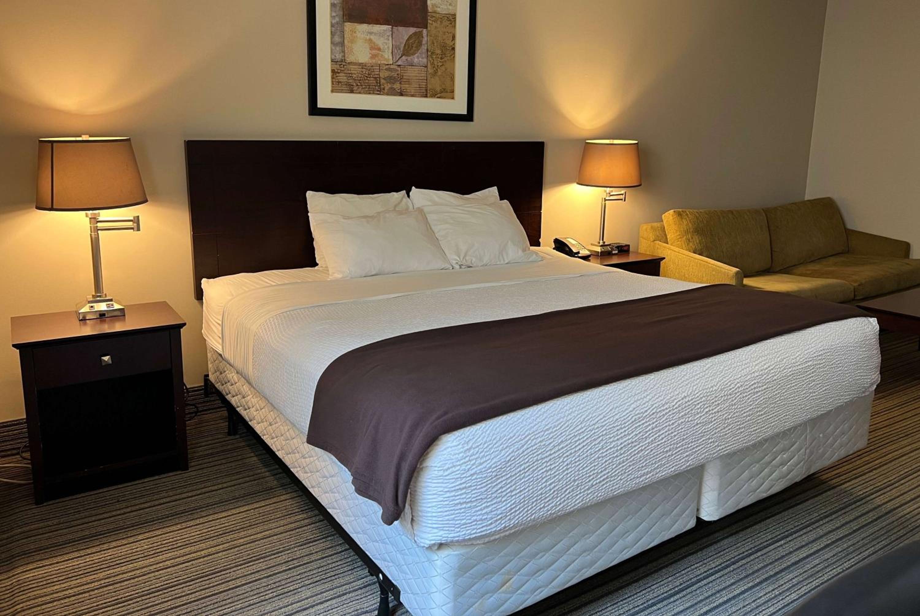 hotel room with a king size bed and a couch