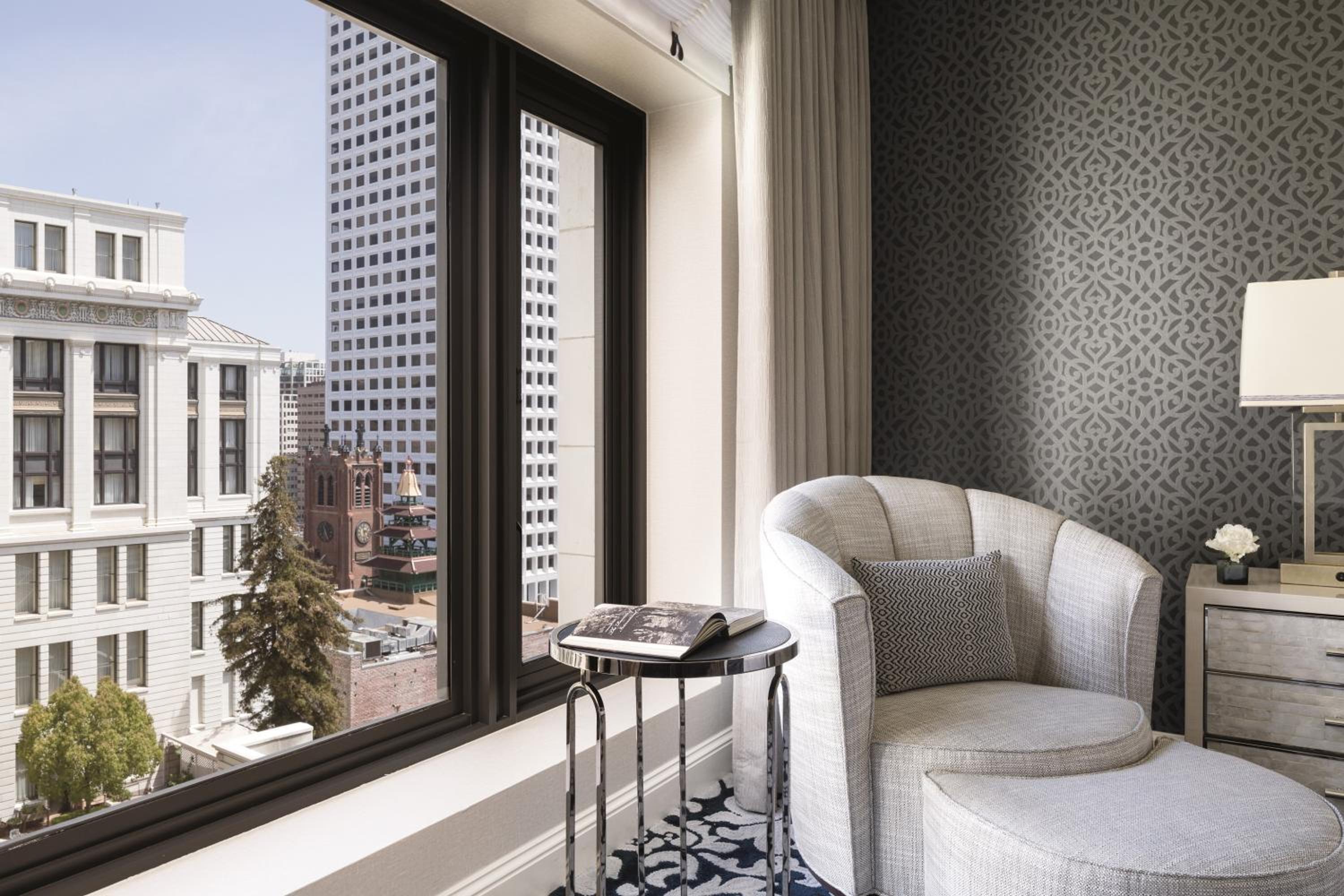 hotel room with a view of the city outside?